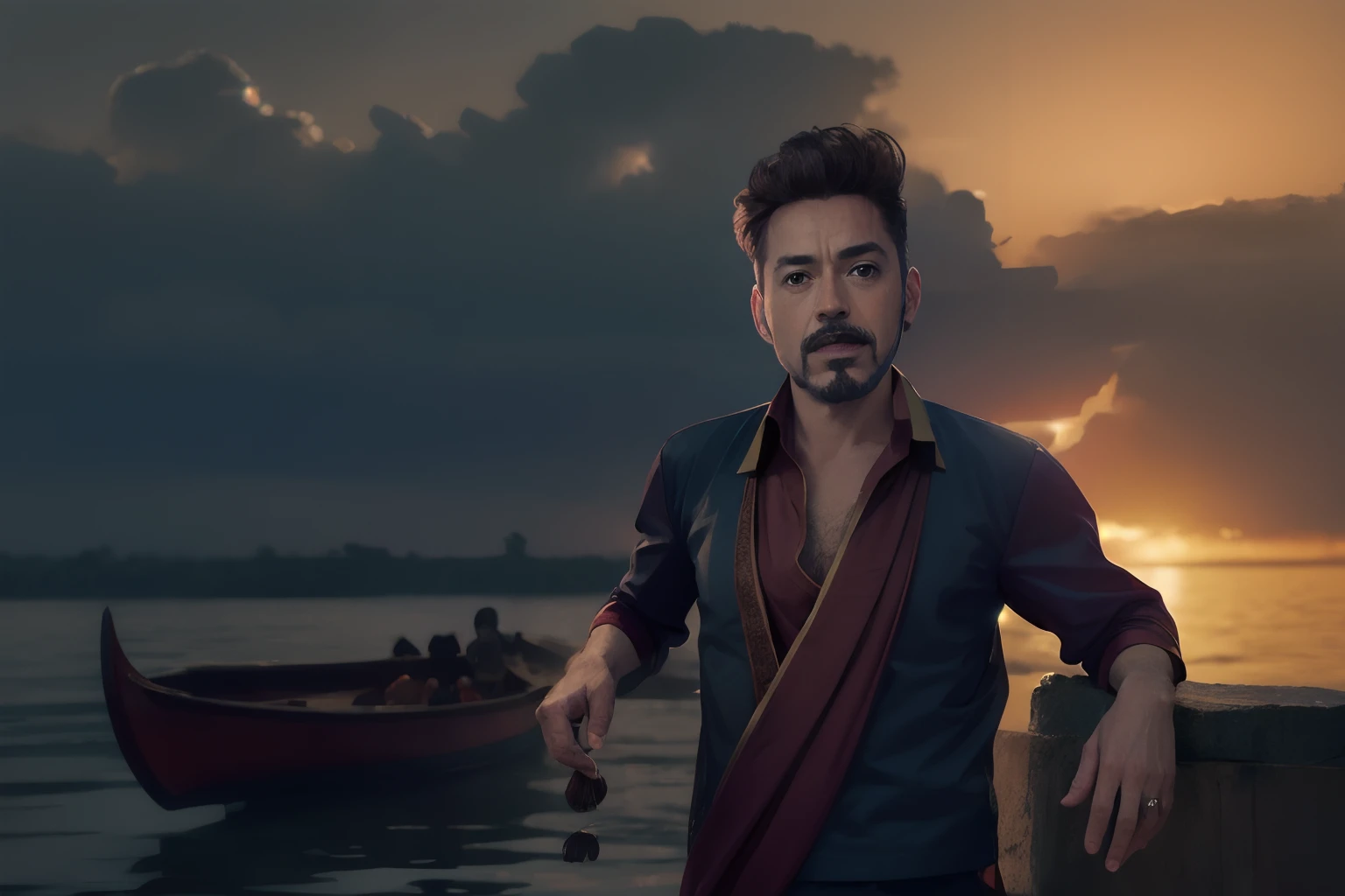 robert downey jr, Smiling Face, cinematic portrait photo of a very interesting robert downey jr Wearing the saffron robes of a monk, Inspired by Sadhusant, Saffron clothes, Rudraksha beads, rudraksha in hand, ghat of varanasi, eyes close up, highly detailed vfx portrait, taken with a full frame camera with a wild lens,