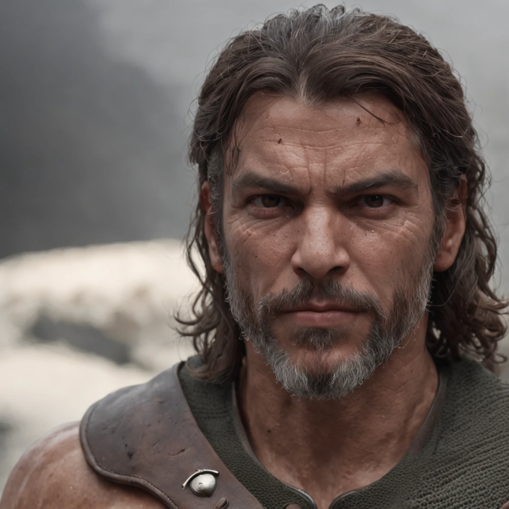 (Professional 3D rendering:1.3) de (Realistic:1.3) Foto de arte mais bonita do mundo,Features soft, bright male heroes, ((Epic hero fantasy rough muscular man wet hero angry look long hair short beard and fierce expression in dynamic pose, fantastic location, majestoso ambiente desordenado)), corpo inteiro 8k unidade render, action shot, poros da pele, very dark lighting, sombreamento pesado, circunstanciado, Rosto detalhado, (vibrante, fotogrdeia realista, Realistic, Dramatic, Escuro, foco nítido, 8k), (Old leather clothes damaged by bad weather:1.4), ((((Use peles)))), (intrincado:1.4), decadente, (altamente detalhado:1.4), pintura digital, rendering by octane, art stations, Conceito-Arte, liso, foco nítido, illustration, germe da arte, (Loish:0.23), Wlop Ilya Kuvshinov, e Greg Rutkowski e Alphonse Mucha Gracias, (global ilumination, studiolight, Light Volumetric), chuva forte, floating particles, patife, fantasia, Onze, corpo inteiroesbian, ((Fundo escuro e antigo da cidade:1.3)),CGSesociedade,art stations