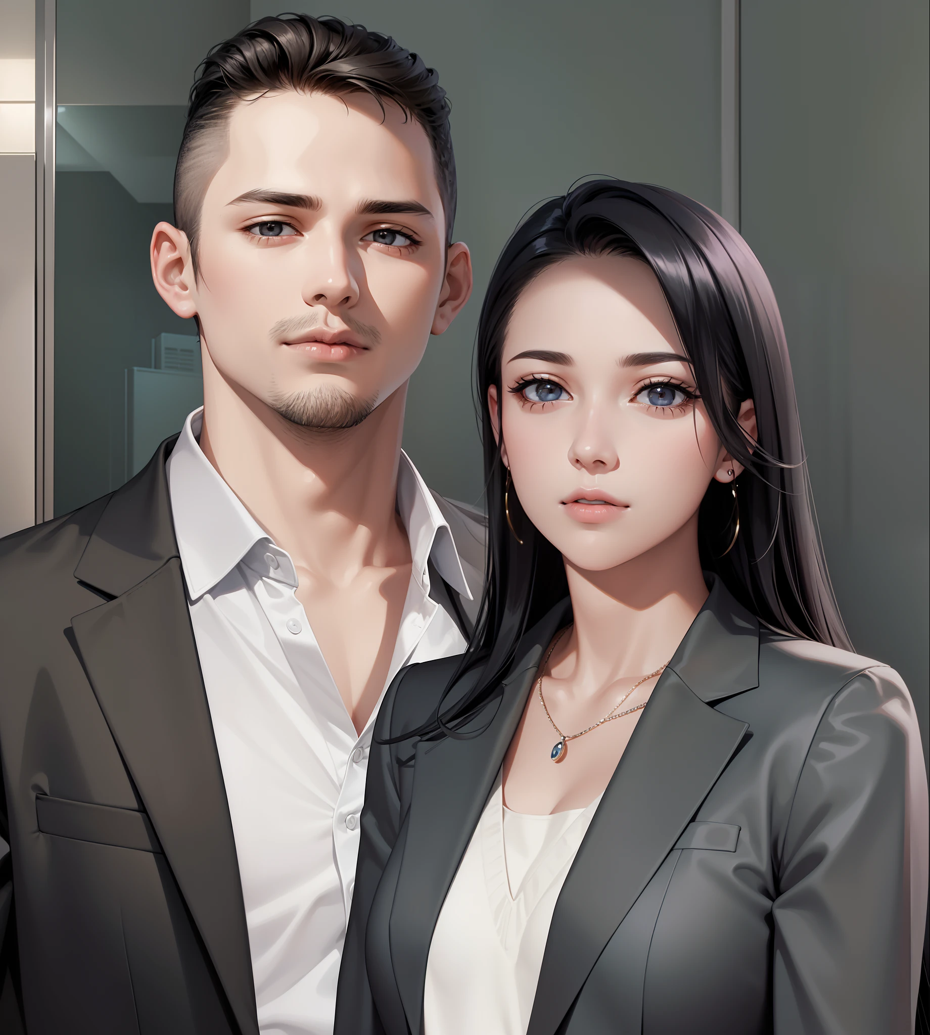 2 people, woman and man, Attractive profile picture, masterpiece, ultra-precise rendering, beautiful and cool young woman, trustworthy, dependable young woman, savior of the world, simple design, most beautiful image, 4K, black hair, beautiful woman, handsome man