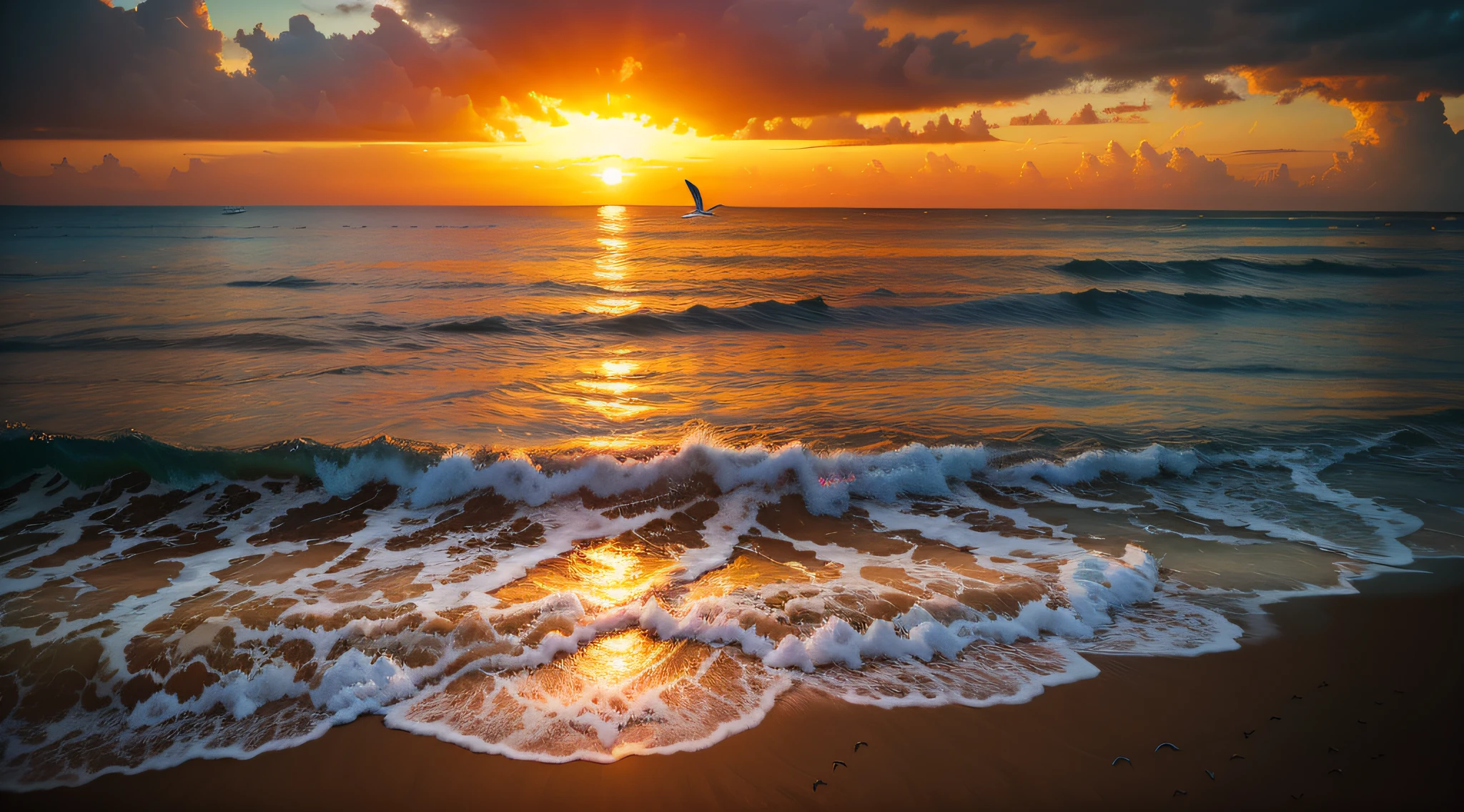 An absolutely mesmerizing sunset over the beach with a mixture of orange, pink and yellow tones filling the sky. The crystal clear waters of the sea gently kiss the shore, and the white sandy beach stretches far and wide. The scene is dynamic and exciting, with seagulls soaring high in the sky and palm trees gently swaying. Soak up the soothing atmosphere and let peace envelop you.