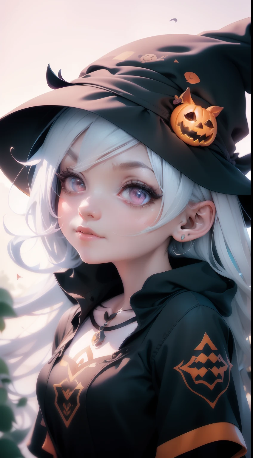 A charming girl as a Halloween witch's autumn icon pack, random facial expression, Random coloring, Cartoon style, 2D, planar vector, Character design, T-shirt design, Colorful splashes, vectorial art, Fantasy art, Watercolor effect,Digital painting, white bg, 8K