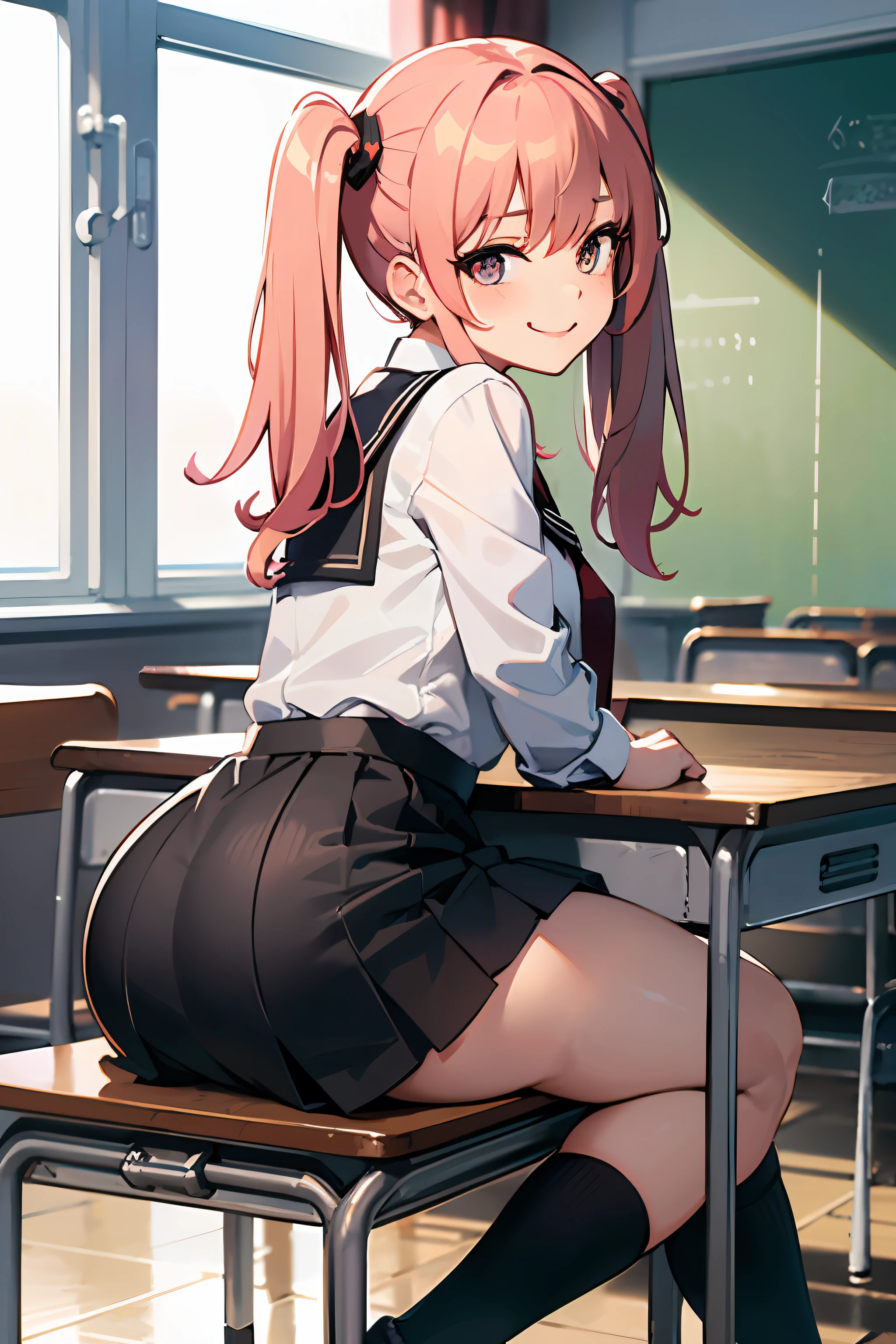 Chic ass, (grab the ass:1.6), Sitting at a desk in a chair, Take a look at our, Pink G-string, Detailed thick G-string, (Long socks), Twin-tailed, Black and Red High School Girl Uniform, crass room, Take a look at our, Soft smile, Skirt, Random hair color, smug face, Sitting, (barechested:1.3)