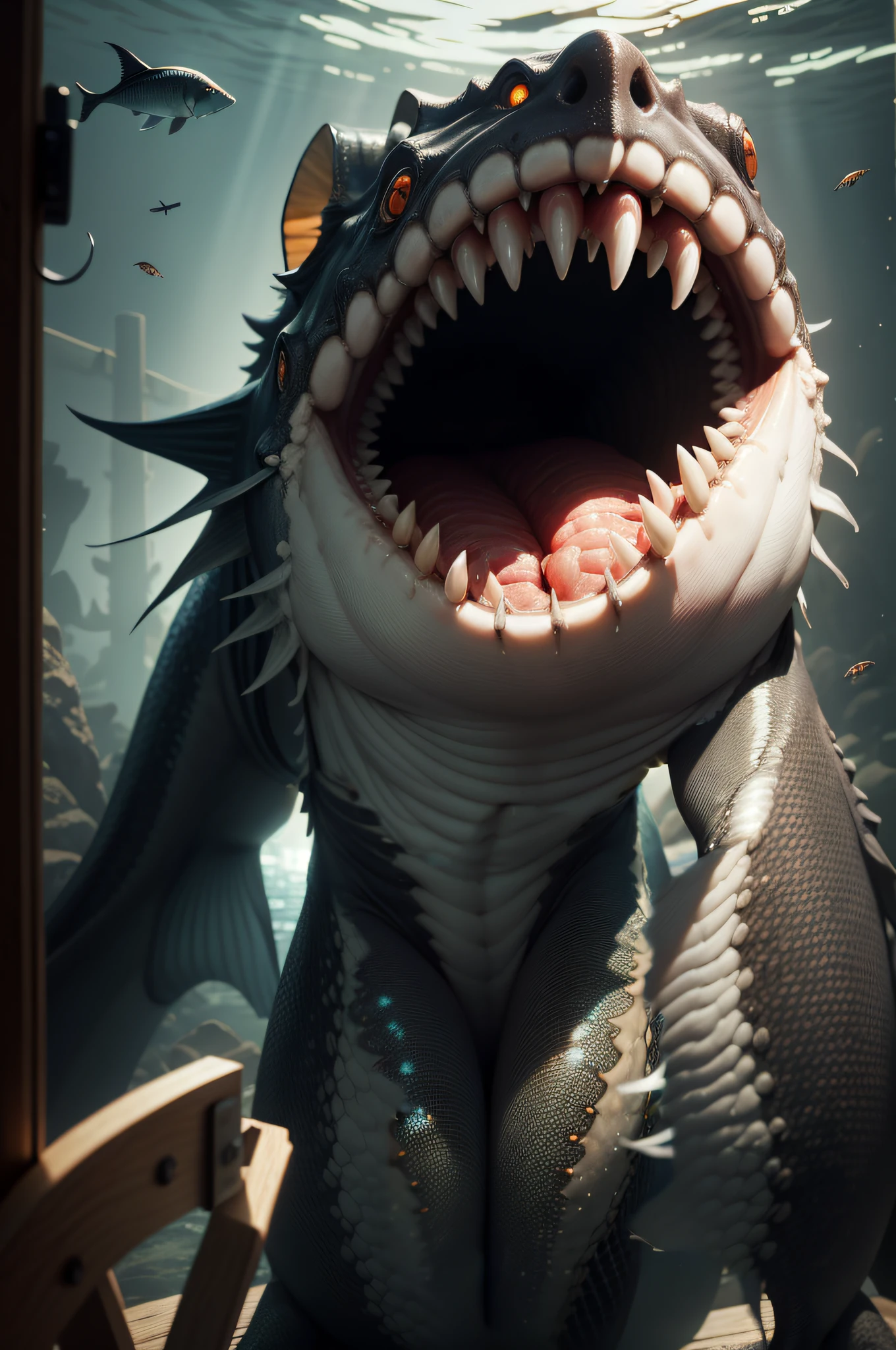 (Best quality, 8K, 32K, NFFSW:1.2), (1 Fish from the deep sea of Japan, Radiation changes,), Animal figures,Biochemical monsters,Dark body, There is a visible scar,Greenish-brown bloodstains,background inside dark, the night,The flashlight lights up,, Shading:1.3, , The tail of the fish is cocked upwards, ((Separation posture)), Facing the camera squarely,with a huge mouth open,Showing fangs, ((The intent of the attack)), Top-down view:1.5,, detail-rich, Detailed eyes, ((Deep and sacred)), Rough fish mouth, Radiation changes, Look for a camera, (Intimidating photographers, Break) Radiating elements,variation