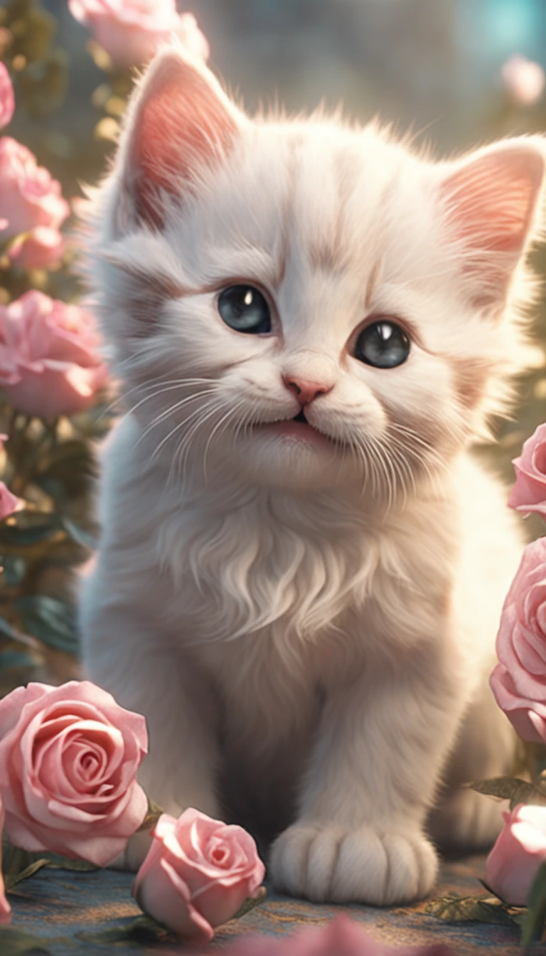 In this ultra-detailed CG art, cute kittens surrounded by ethereal roses, laughter, best quality, high resolution, intricate details, fantasy, cute animals, open mouths, laugh!!