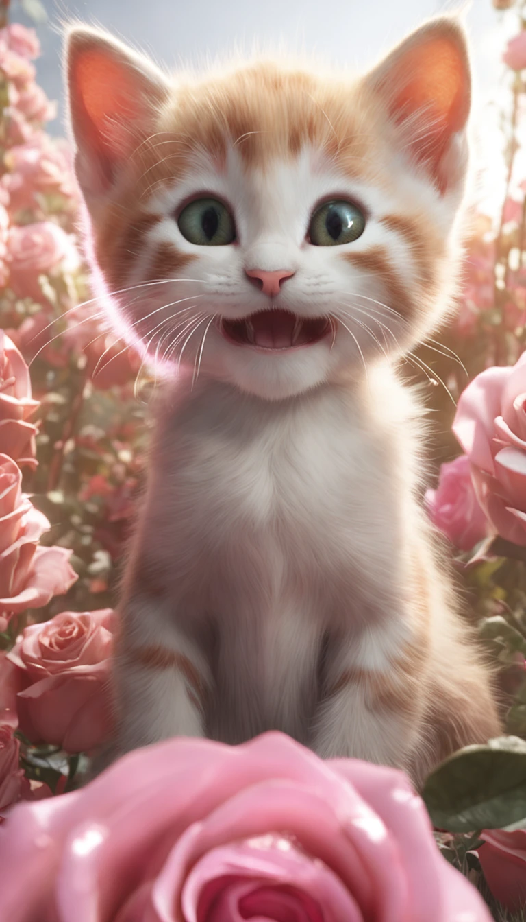 In this ultra-detailed CG art, cute kittens surrounded by ethereal roses, laughter, best quality, high resolution, intricate details, fantasy, cute animals, open mouths, laugh!!