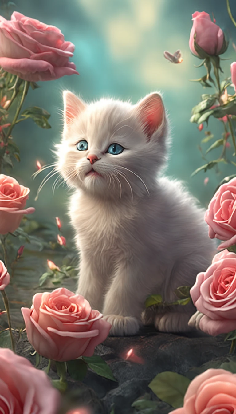 In this ultra-detailed CG art, cute kittens surrounded by ethereal roses, laughter, best quality, high resolution, intricate details, fantasy, cute animals, open mouths, laugh!!