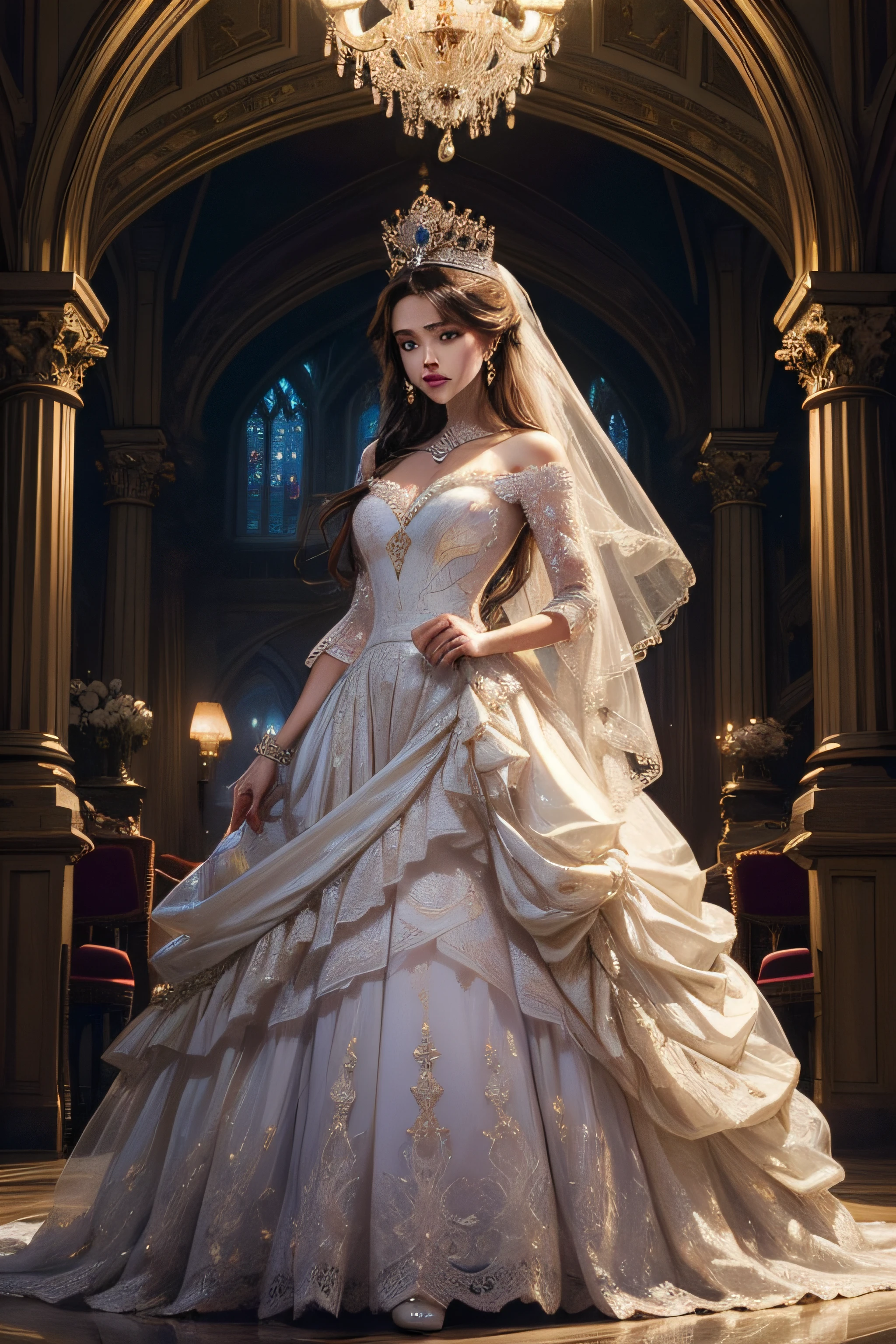 (masterpiece, top quality, best quality, official art, beautiful and aesthetic:1.2), (1maturedgirl), cute, extreme detailed, colorful, highest detailed, royal, princess, crown, flower garden, purple gown dress in royal wedding