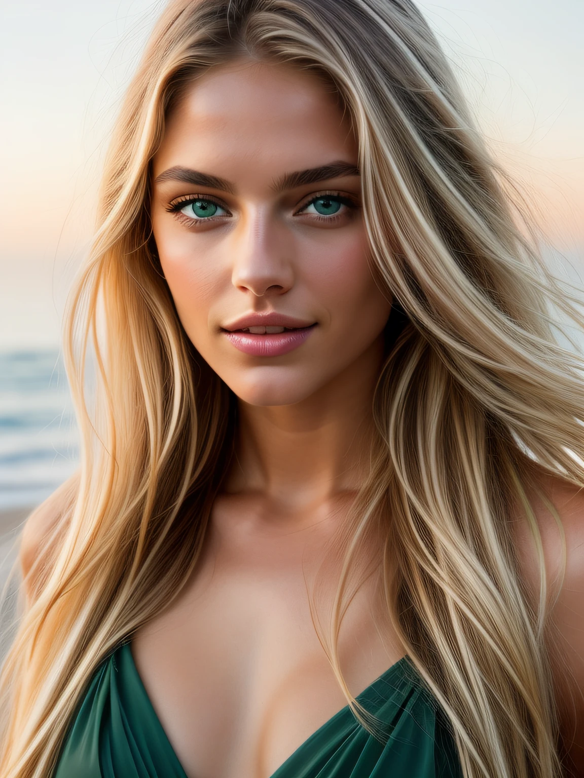 Cinematic soft lighting illuminates a stunningly detailed and ultra-realistic beautiful Greek supermodel, beach look, long messy windy dark blonde hair, clear green eyes, captivating perfect smile, sensual, hot woman, gorgeous, that is trending on ArtStation. Octane is the perfect tool to capture the softest details of this 16k photography masterpiece.
