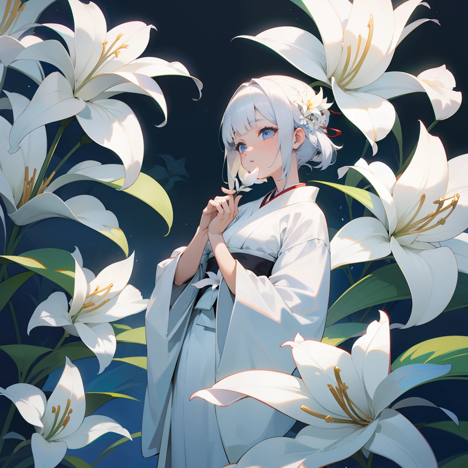 blanche、lily flowers、Japanese dress、dream、White world、