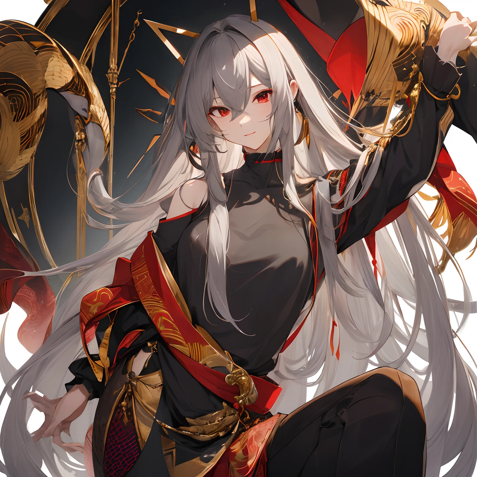 (masterpiece、top-quality、hightquality)、1male people、25 year old guy、Face enlargement、The upper part of the body、 (extremely delicate and beautiful), 独奏,long-haired gray hair、Red mesh、Black shirt、Black pants、Japanese style background、jpn、With the White Serpent、Incorporate red, black and gold colors、dynamic ungle、across