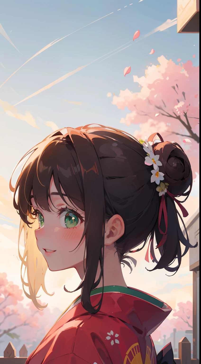 (masterpiece), (best quality), ultra high res, sharp focus, warm pastel tone, ((1 woman, solo)), upper body, profile shot, beautiful detailed hair, chestnut brown hair, traditional bun hairstyle, beautiful detailed face, ((beautiful shape eyes, green eyes)), (happiest face), blushing, perfect feminine face, smiles, open lips, in colorful japanese kimono, beautiful clouds and sky in the evening background, surrounded by petal flowers