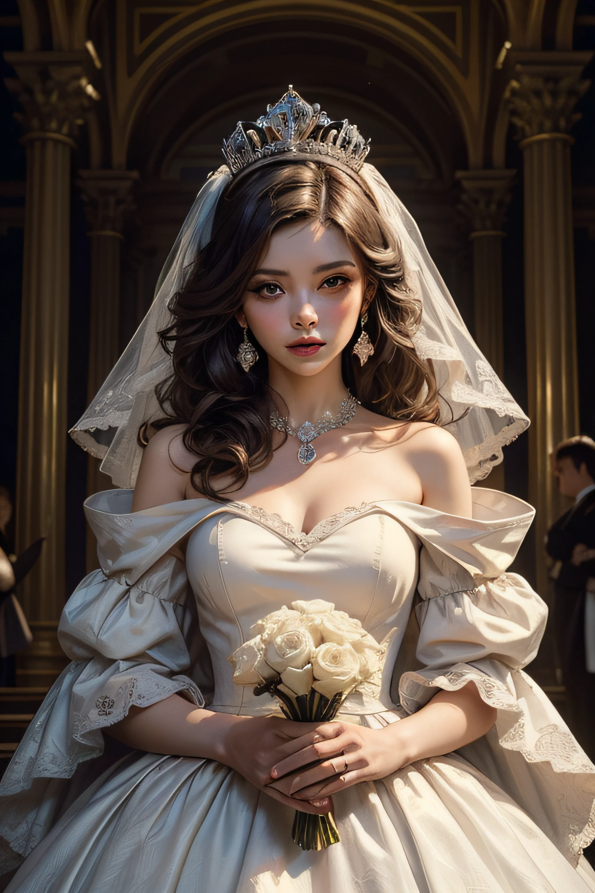 (masterpiece, top quality, best quality, official art, beautiful and aesthetic:1.2), (1maturedgirl), cute, extreme detailed, colorful, highest detailed, royal, princess, crown, flower garden, purple gown dress in royal wedding