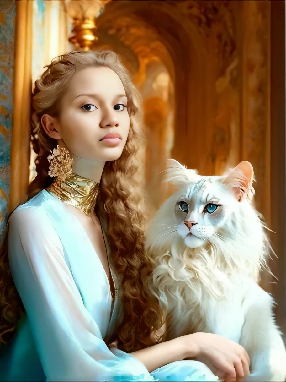 A woman in a blue dress holding a cat in a hallway, beautiful goddess of Leo, beautiful animal pearl queen, attractive, Amano and Karol bak, cat, very beautiful cute girl, elegant cat, karol bak style, beautiful young woman, woman and cat, high resolution,8k