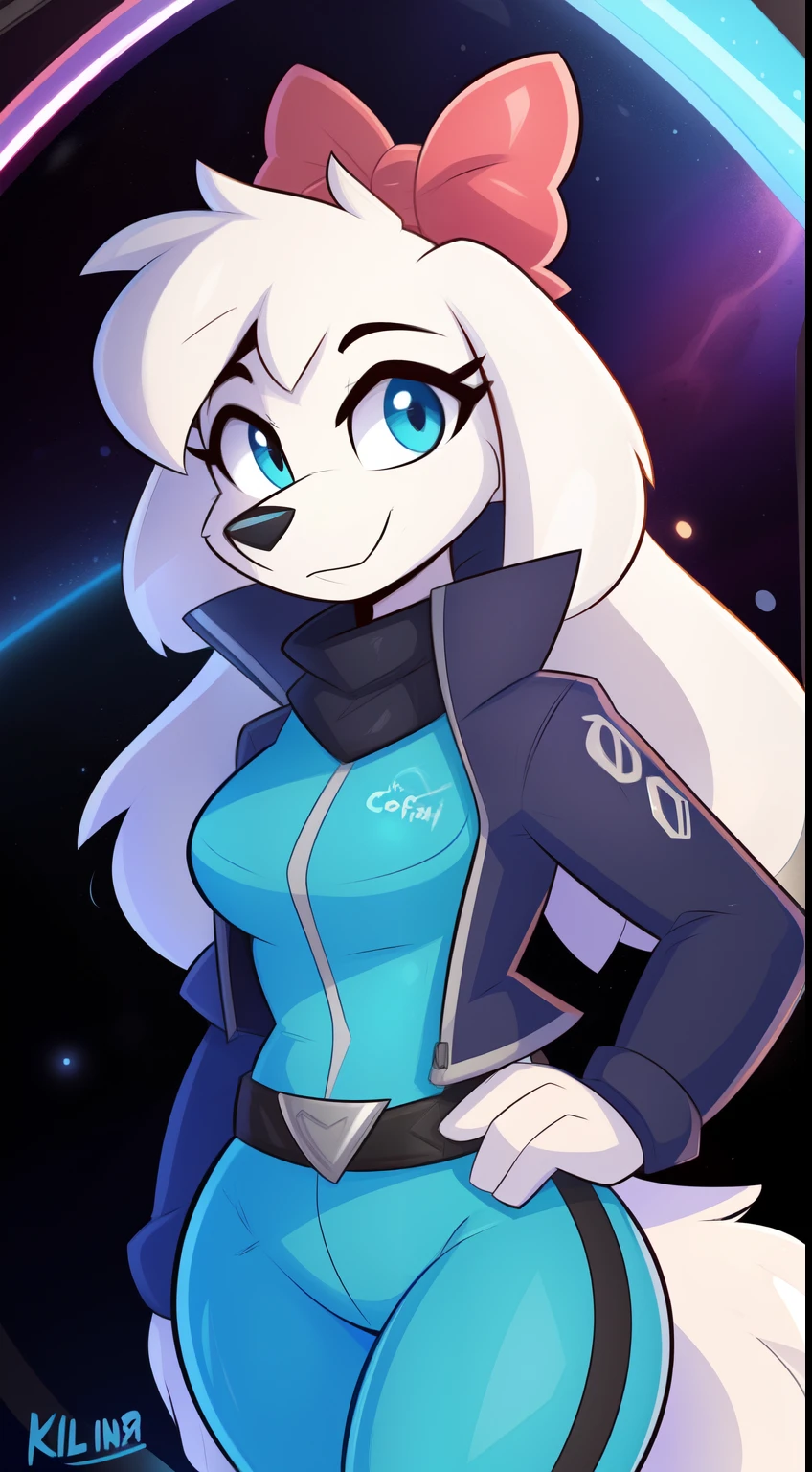 fayspaniel, furry female anthro, portrait, close-up, red bow, aqua jumpsuit, cropped jacket, grey jacket, red scarf, belt, solo, (body fur:1.2), (best quality), (detailed space jet background:1.2), dramatic lighting, (detailed fluffy fur:1.1), looking at viewer,  medium breasts,  white ears, ((by Kilinah, by Coffeesoda, by Hioshiru, by Kilinah)), full body