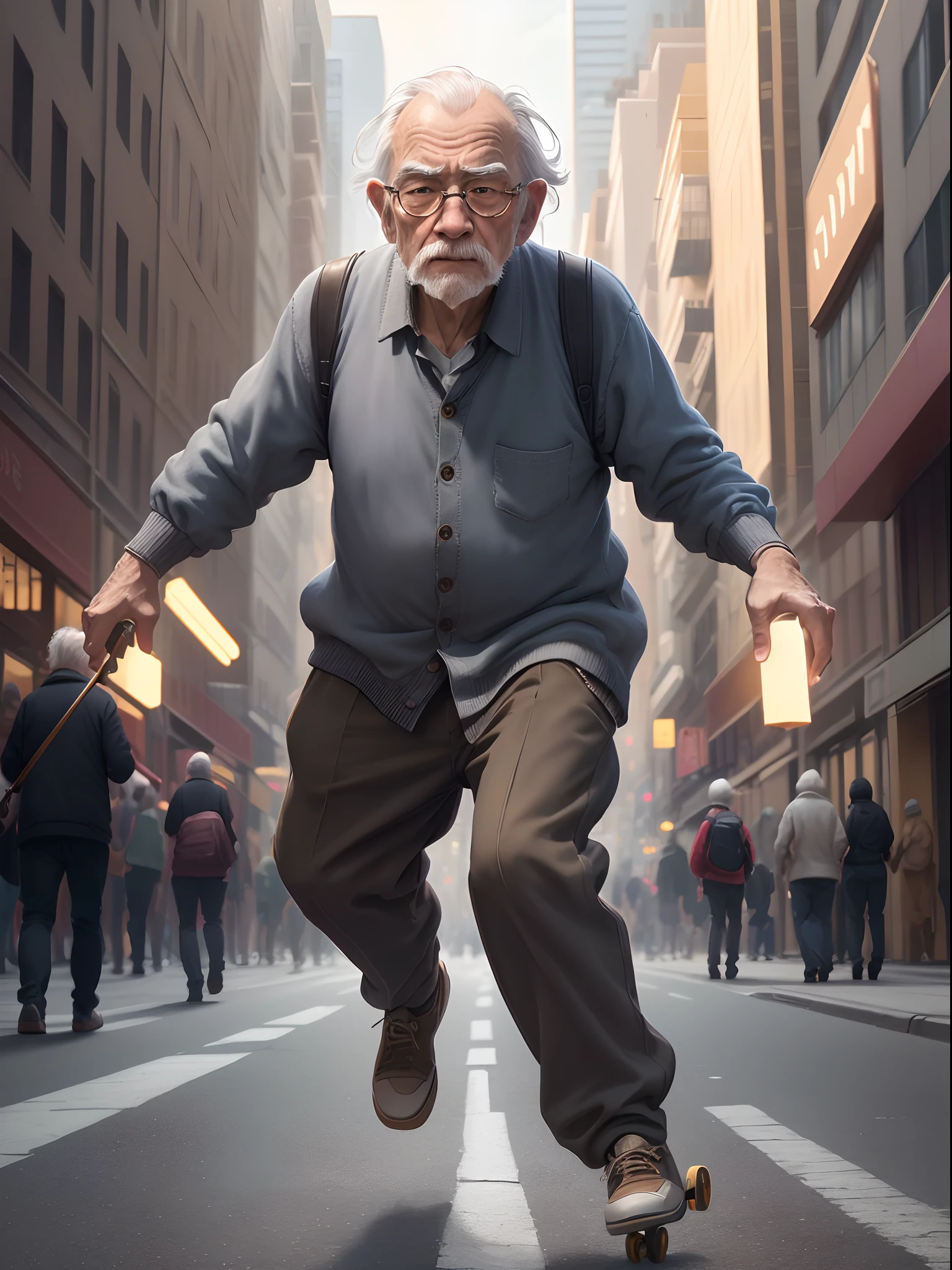 (extremely detailed CG unity 8k wallpaper,masterpiece, best quality, ultra-detailed),(best illumination, best shadow, an extremely delicate and beautiful),Floating,A single person,an old man, skateboard,The city, Streetscape,dynamic movement,expressive facial expression