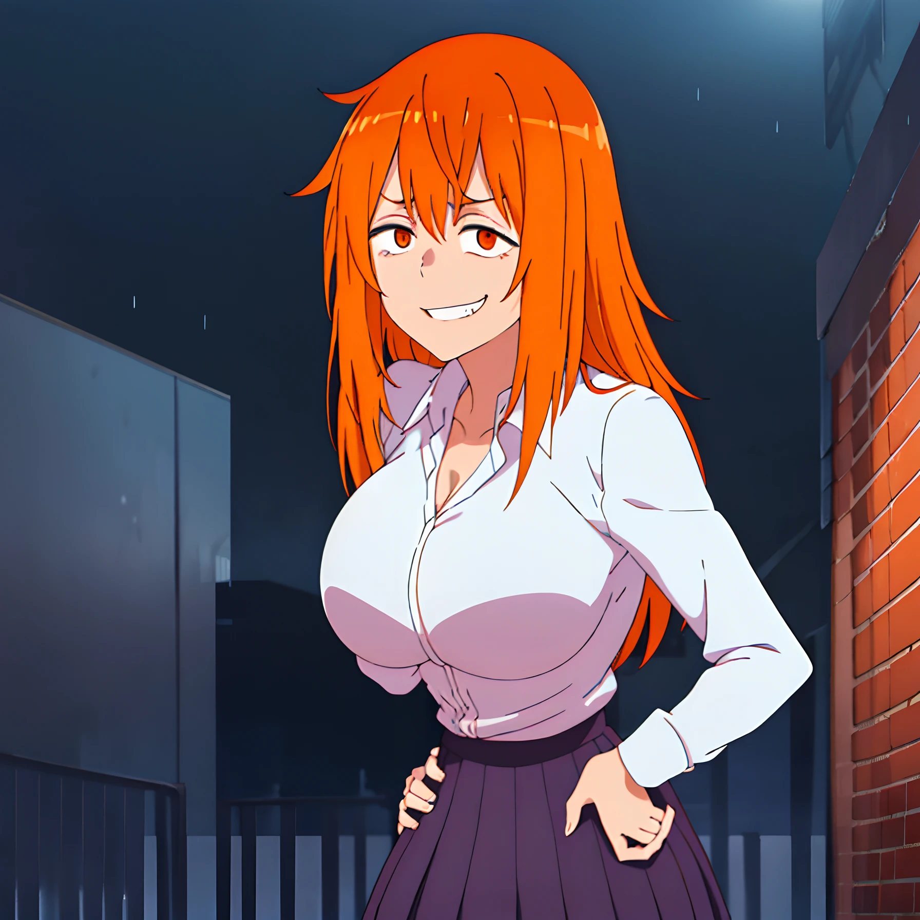 1girl, solo,(standing with her hands on her hips and leaning forward a little), open shirt showing her bra, ((huge breasts)) , city_alley,  masterpiece, school uniform, professional artwork, famous artwork, perfect face, orange hair, (orange eyes:1), beautiful face, evil smile, ((perfect female body, narrow waist)), background rain at night ,