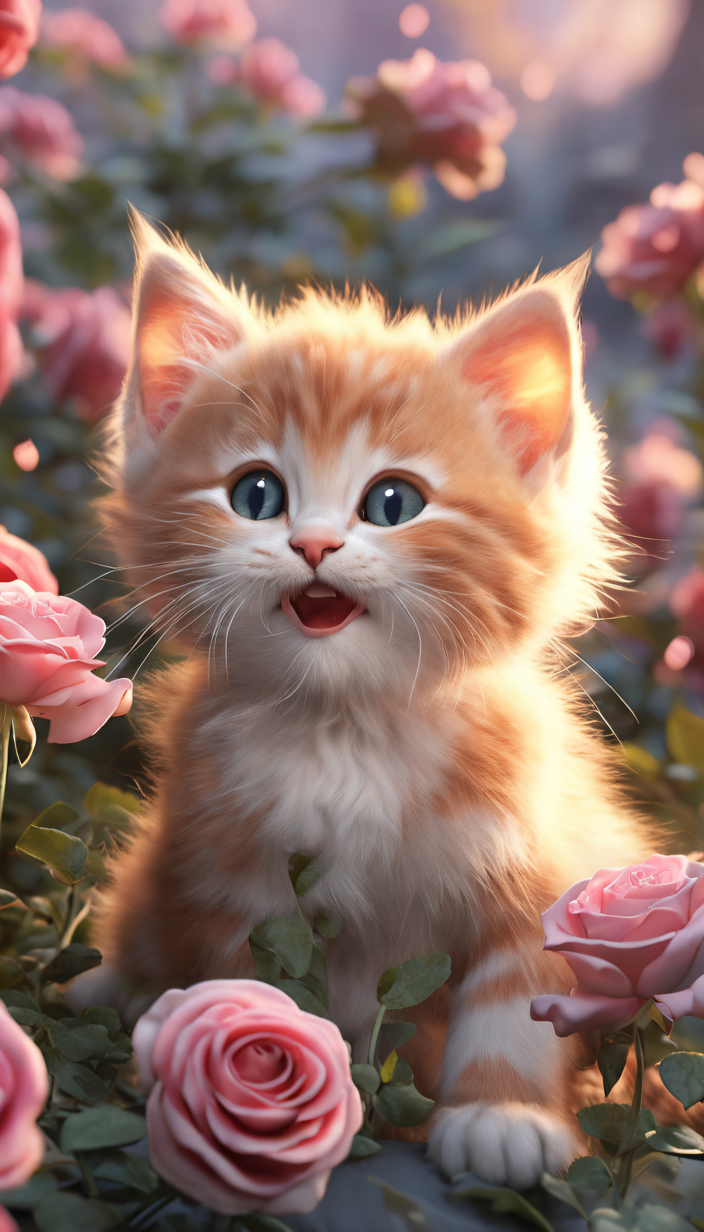 In this ultra-detailed CG art, cute kittens surrounded by ethereal roses, laughter, best quality, high resolution, intricate details, fantasy, cute animals, open mouths, laugh!!