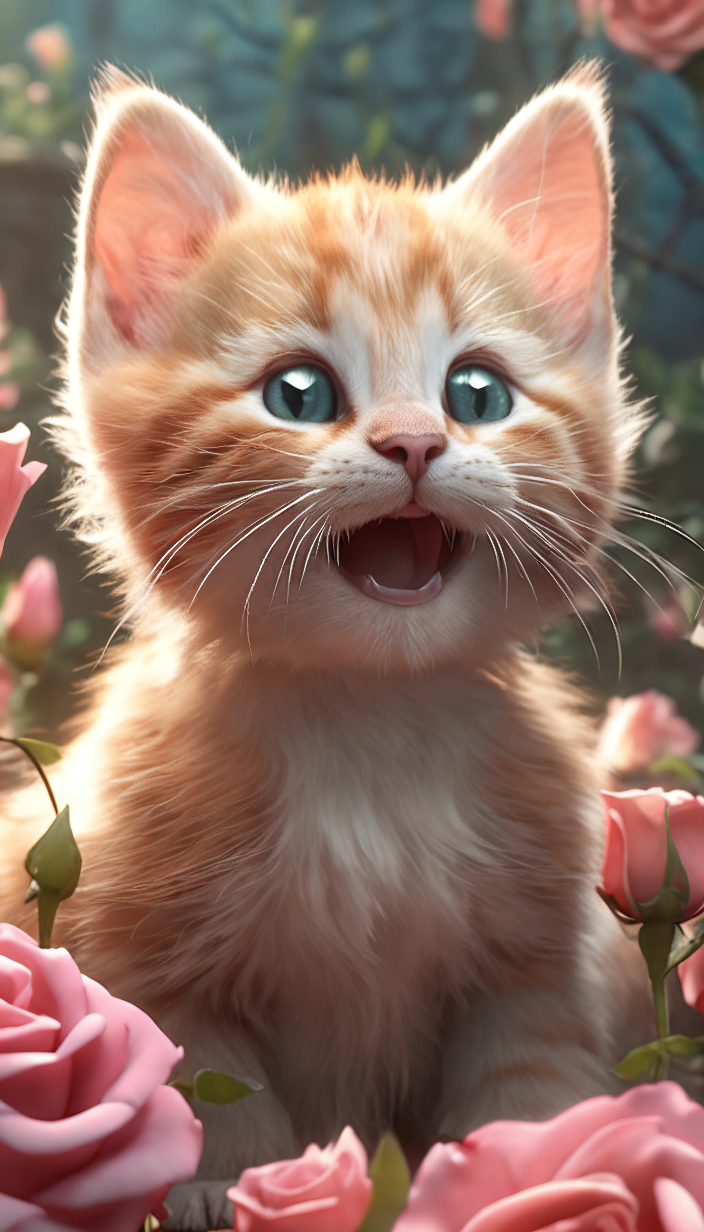 In this ultra-detailed CG art, cute kittens surrounded by ethereal roses, laughter, best quality, high resolution, intricate details, fantasy, cute animals, open mouths, laugh!!