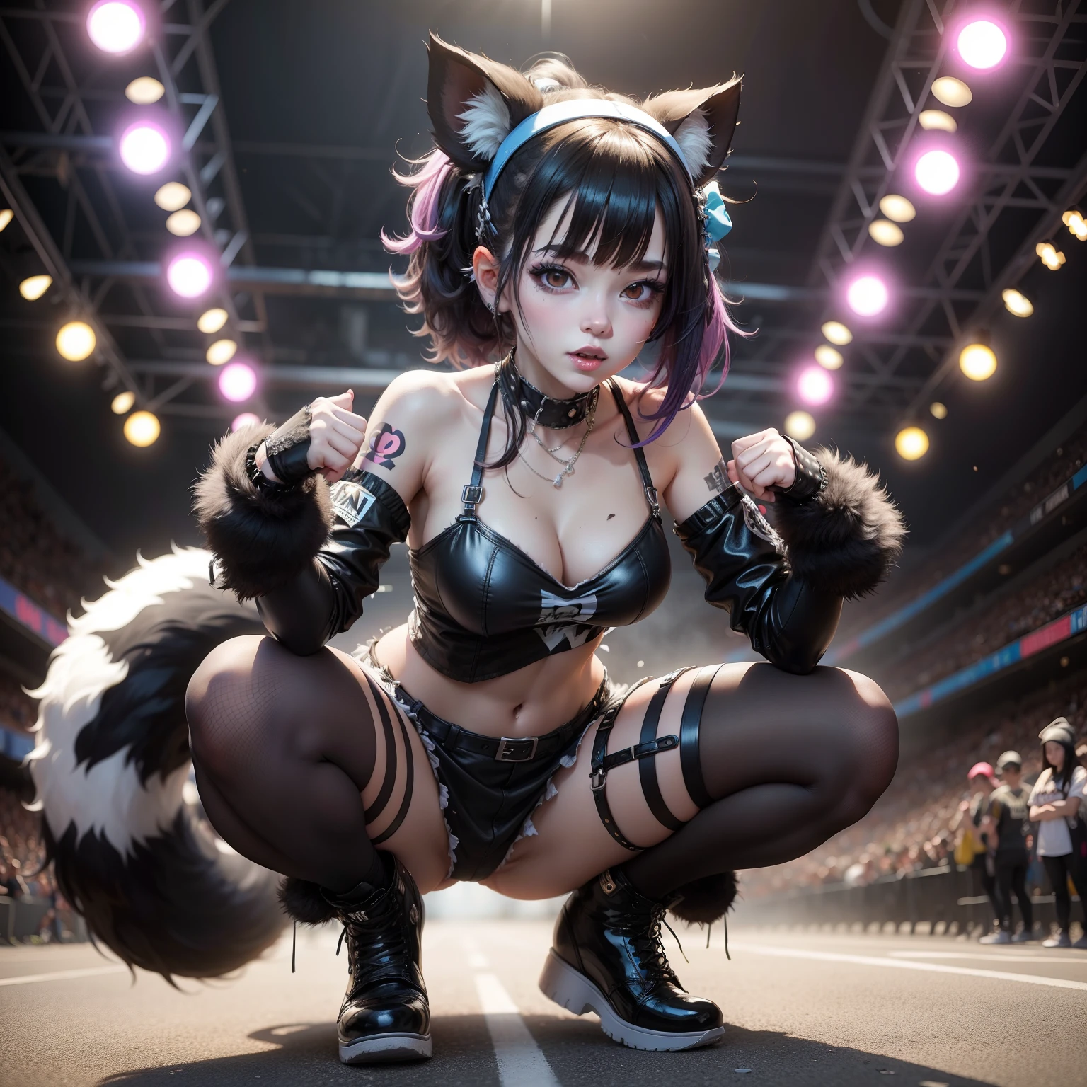 Female idol covered in skunks(Cute costumes、punk fashion)、Looks fun、full body Esbian、