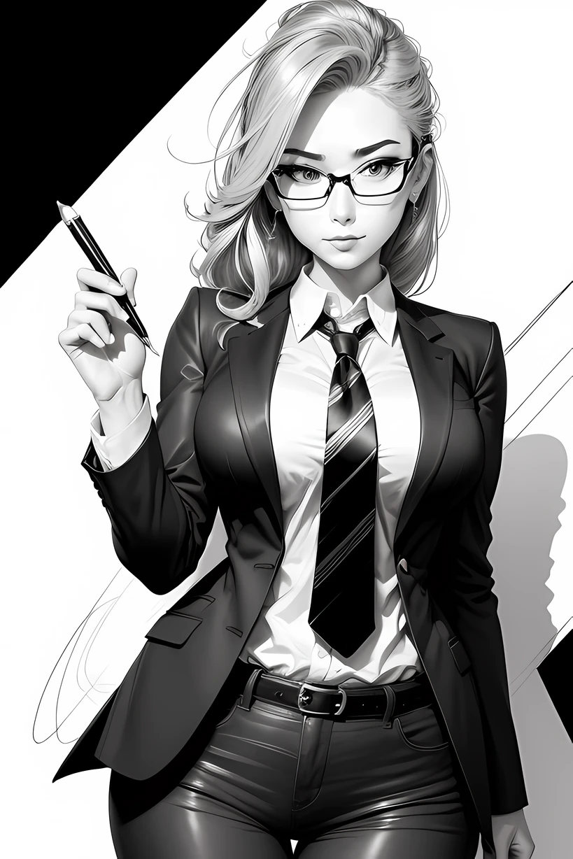 Draw a woman with glasses and tie, Line sketch, ink pen sketch, Line sketch!!, Ink sketch, anime sketch, black ink rough sketch, scribble sketch, ink manga drawing, Pen sketch, thick line drawing, author:Love light, face line drawing, ink and watercolor painting, loose pencil sketch, sketchy expressive linework, intense line art