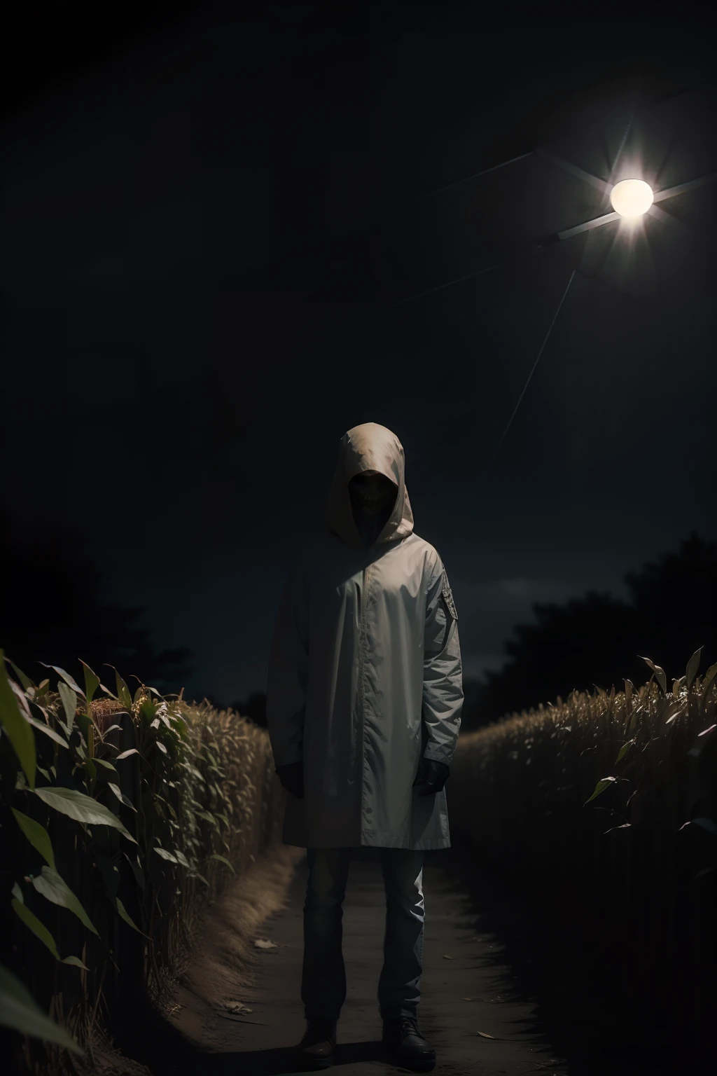 Grey alien standing in cornfield, night, horror
