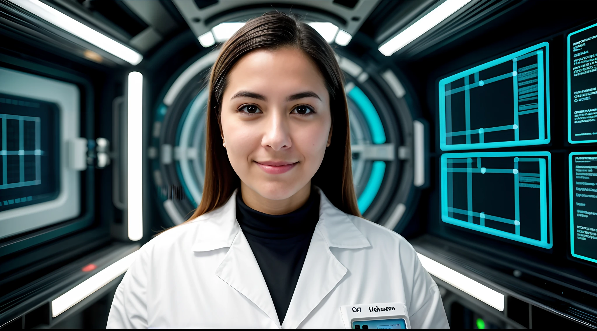 instagram photo, closeup face photo A female scientist in a futuristic research facility, utilizing advanced technology for her work, innovative, forward-thinking, Canon EOS RP with 50mm f/1.8 lens, LED panel lighting, science fiction-inspired photography.
