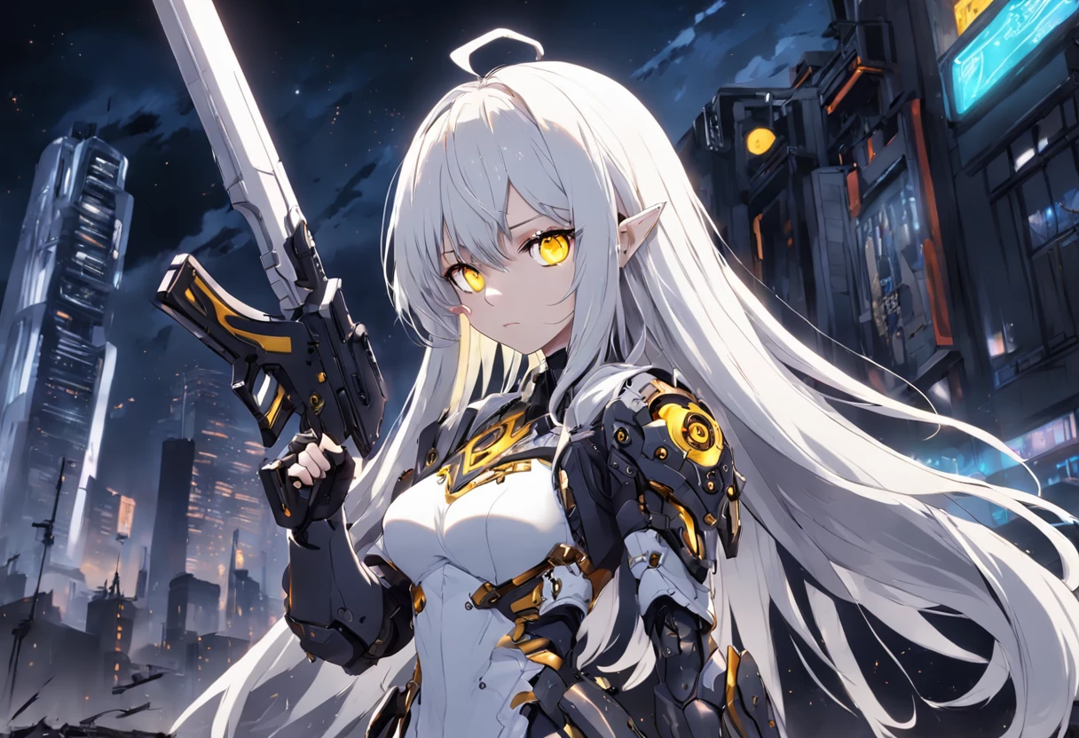 Masterpiece, perfect long white hair, mechanical girl, yellow eyes, weapon in hand, night background