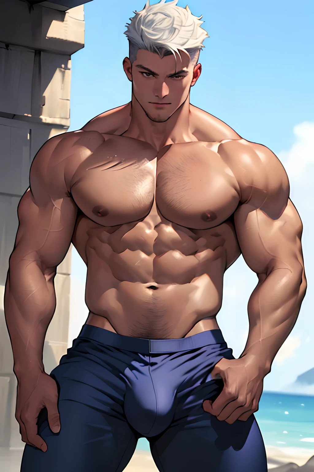 ((Best Quality, 8K, ultra-detailed, Masterpiece: 1.3)), 1boy, shiny skin, sharp, Perfect Body Beauty, realistic shaded perfect body, mascle,("bikini pants, big bulge ":1.2),(dynamic pose:1.1), thigh