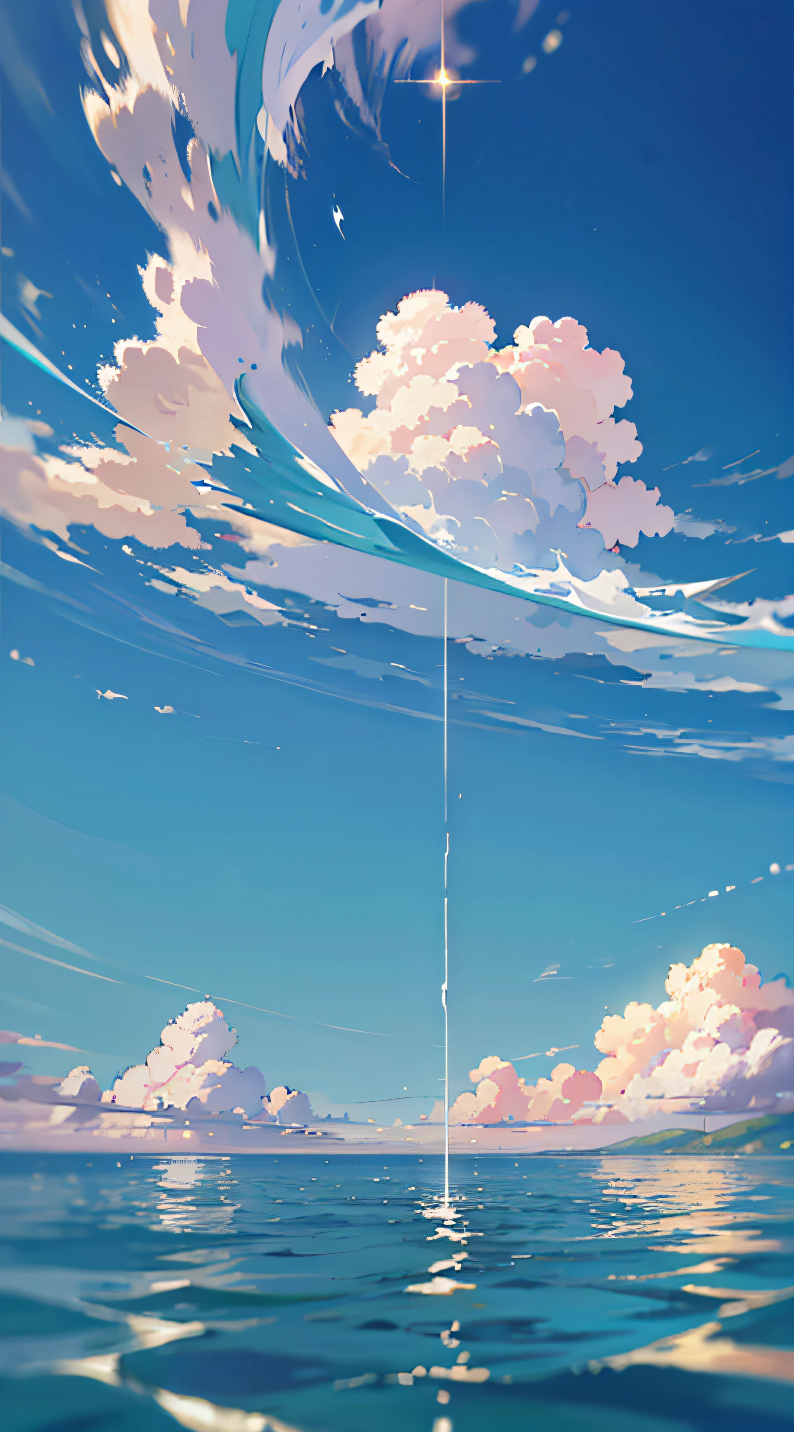 No human, landscape, vanishing point, from below, masterpiece, best quality, 8k, absurdity, clouds reflecting on water,floating station in the sea, summer, noon, sunlight, blue sky, perspective, depth of field, high resolution, detail, ultra detail, sharp focus