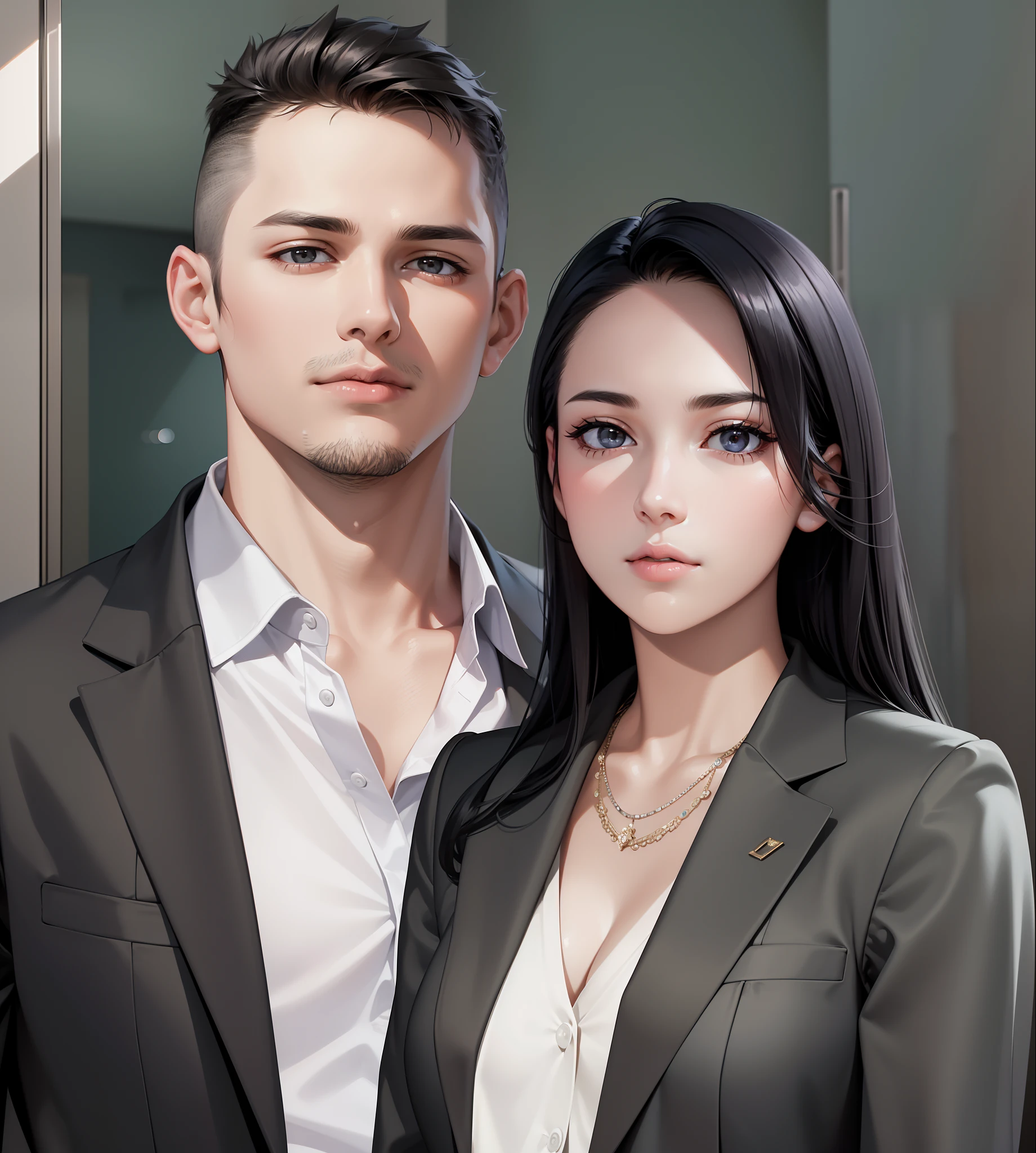 2 people, woman and man, Attractive profile picture, masterpiece, ultra-precise rendering, beautiful and cool young woman, trustworthy, dependable young woman, savior of the world, simple design, most beautiful image, 4K, black hair, beautiful woman, handsome man