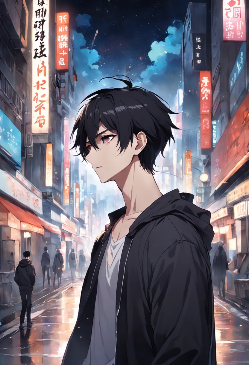 masterpiece、Adults、30Uncle of the Generation、twinks、forehead、30-years old、A dark-haired、Black jacket、Black pants、white t-shirts、Give bangs、Sticking out your forehead、twinks、Eyes drawn in detail、a handsome、Inside the city、starrysky、Mystical light、Dramatic light、Cinematic power、