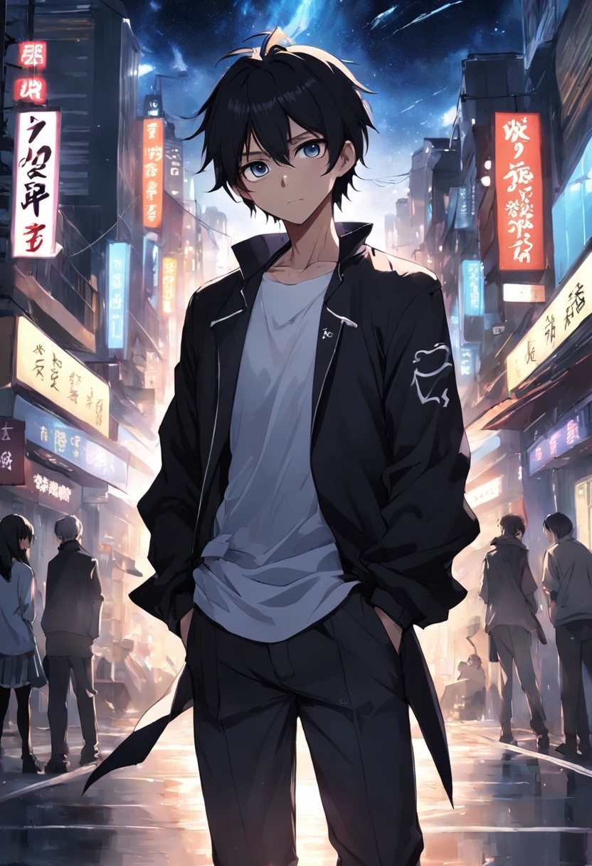masterpiece、Adults、30Uncle of the Generation、twinks、forehead、30-years old、A dark-haired、Black jacket、Black pants、white t-shirts、Give bangs、Sticking out your forehead、twinks、Eyes drawn in detail、a handsome、Inside the city、starrysky、Mystical light、Dramatic light、Cinematic power、