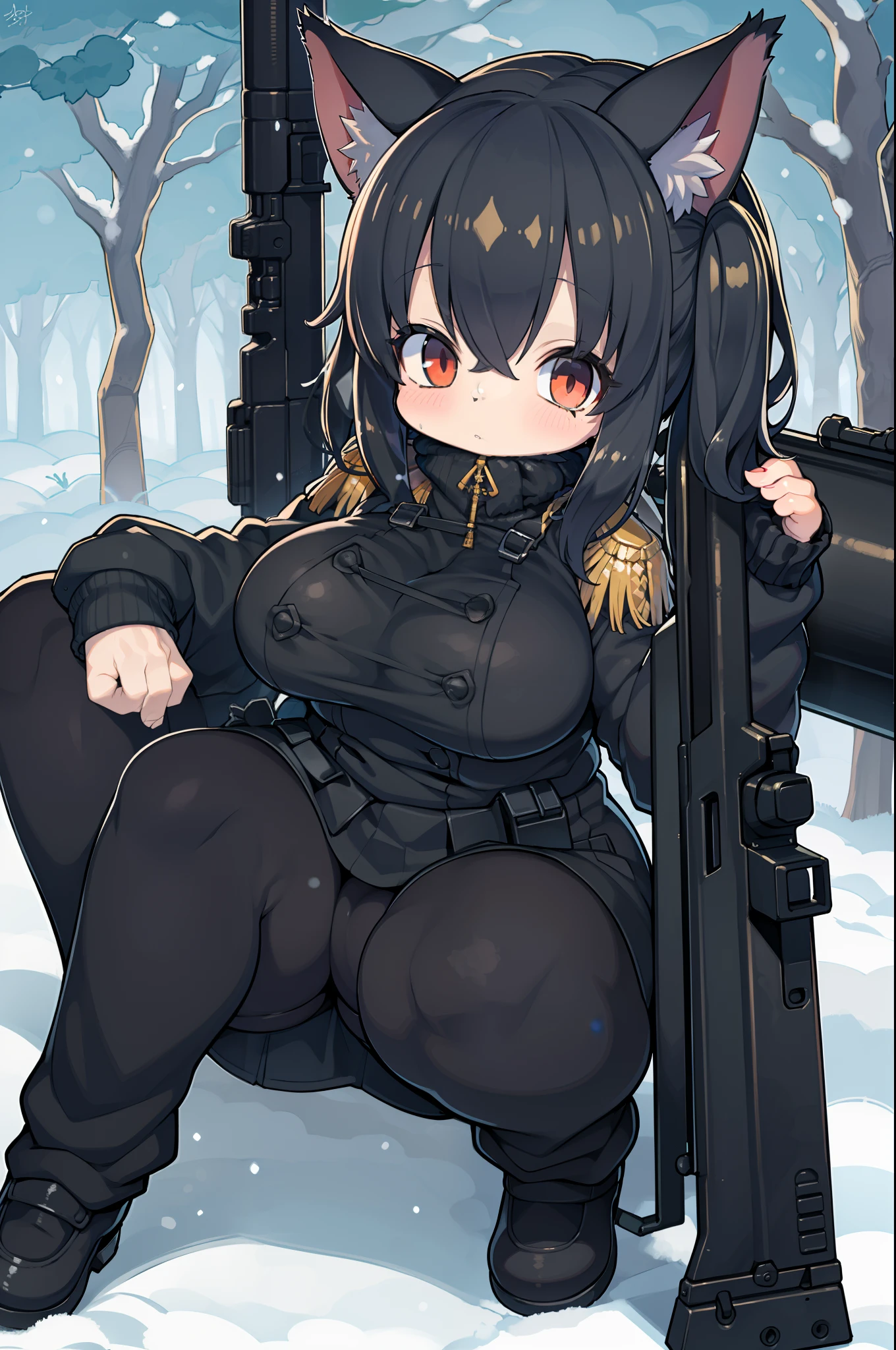 snowy forest, Black hair, Cat ears, Cat Girl, Red Eyes, As I ran, officer uniform, , Germany, Black Officer Uniform,huge-breasted、Giant Sniper Rifle、From the top、Overhead view,Very Wide Shot