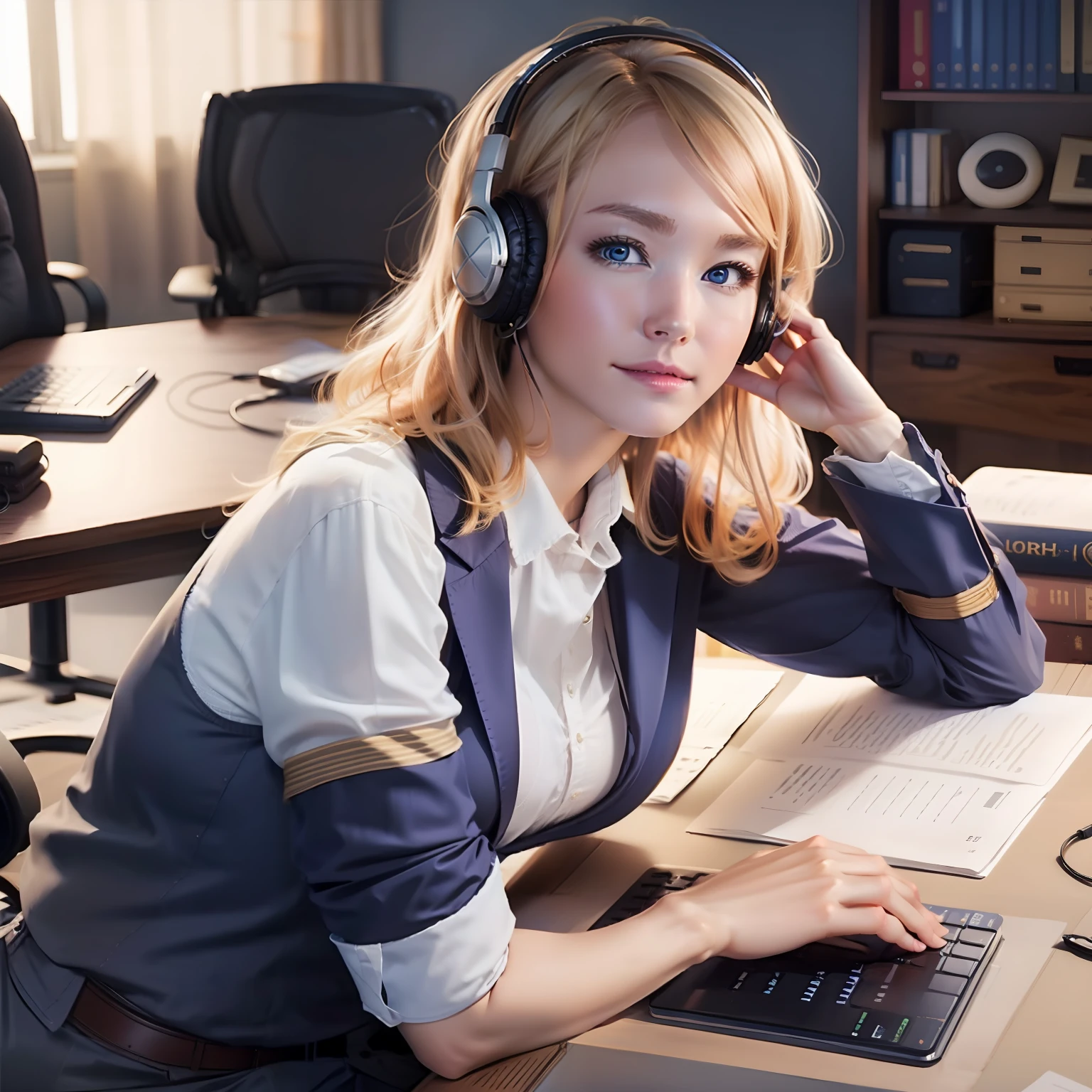 Young caucasian woman, blonde hair, blue eyes, medium size breasts, professional attire, office setting, over ear headphones, facing viewer