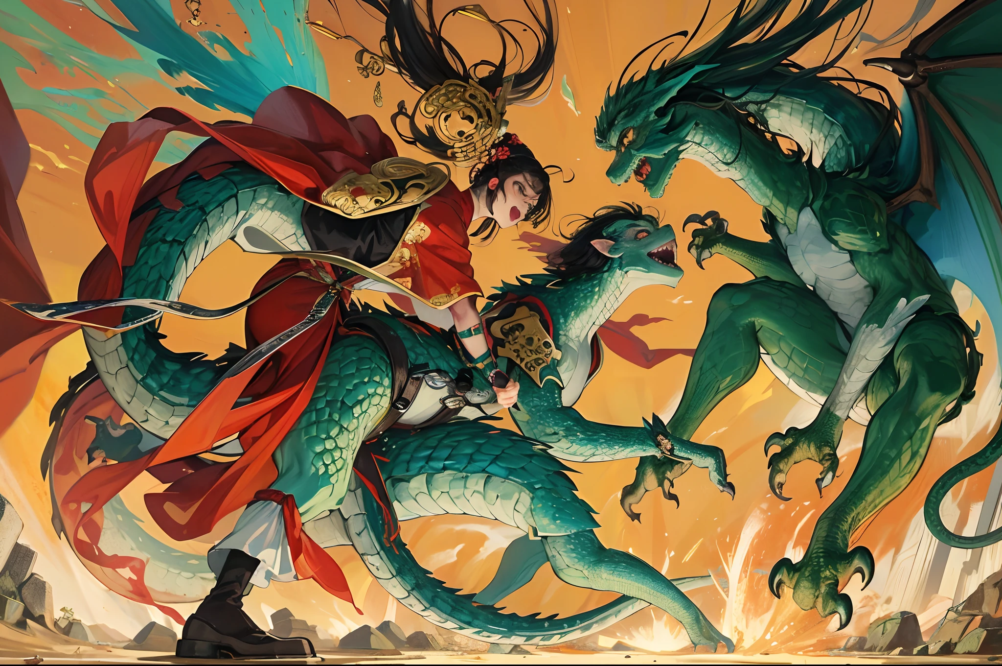 Masterpiece, A scene from Japanese mythology in which a young god dressed in ancient clothing and riding a flying horse fights and defeats a giant snake with eight heads bigger than a mountain.