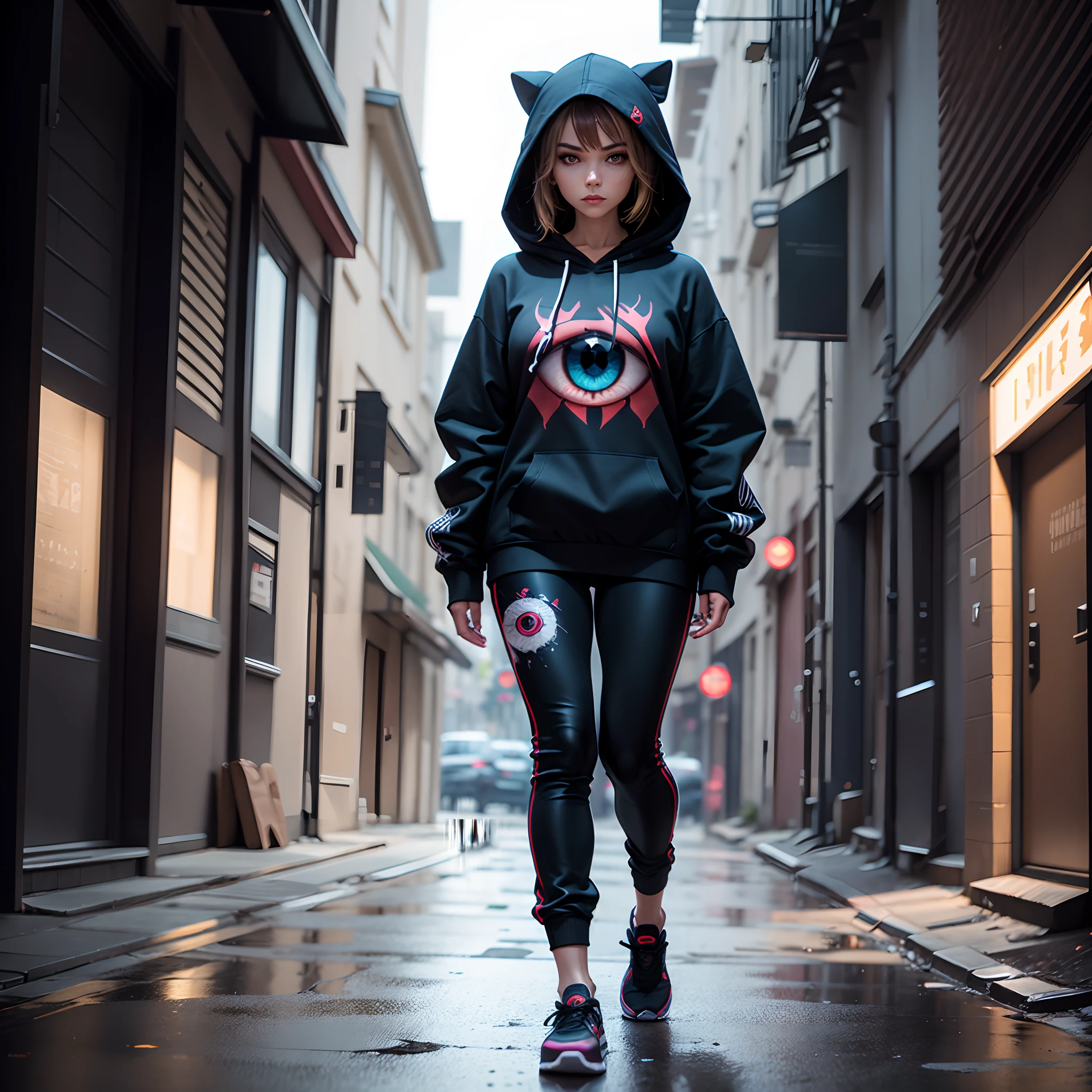 Generate an intriguing image featuring a 1woman dressed in a full-sleeve hoodie and full black pants with full of evil eye print Jogger pants (Full body)