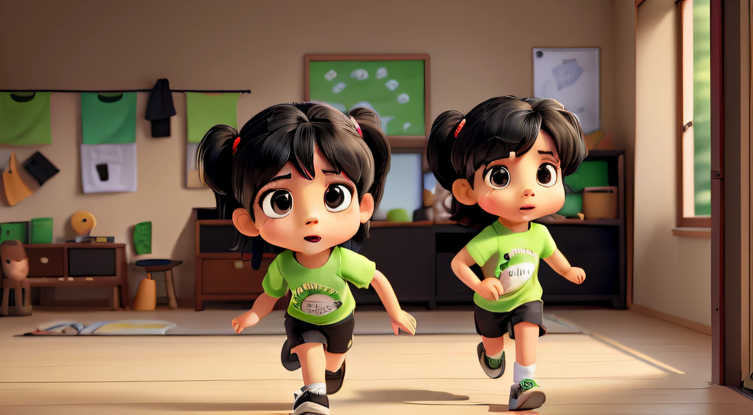 A name Lisa, black hair, wearing green t-shirt, black pants, brown shoes, Fearful expression, Running pose, in the style of Cartoonish illustrations
