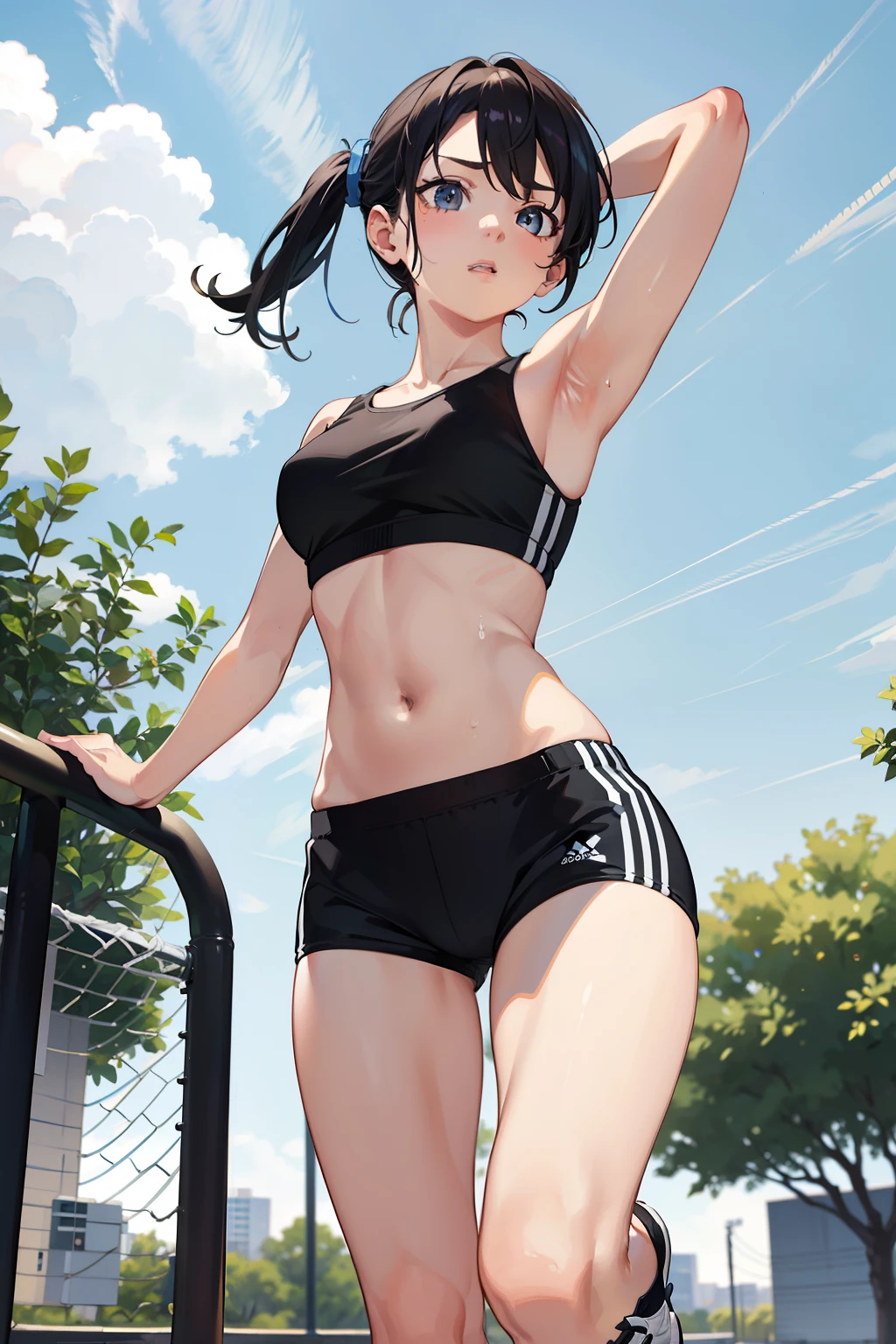 hdr,hyper HD,8K,Nice face， Best quality, Masterpiece, Highly detailed, Studio lighting, Physically-based rendering, 1girll, Solo, sport underwear（white colors），D-cups，Loose black shorts，School playground，running track，jogging，Sweat 1.5，exteriors，suns，blue-sky