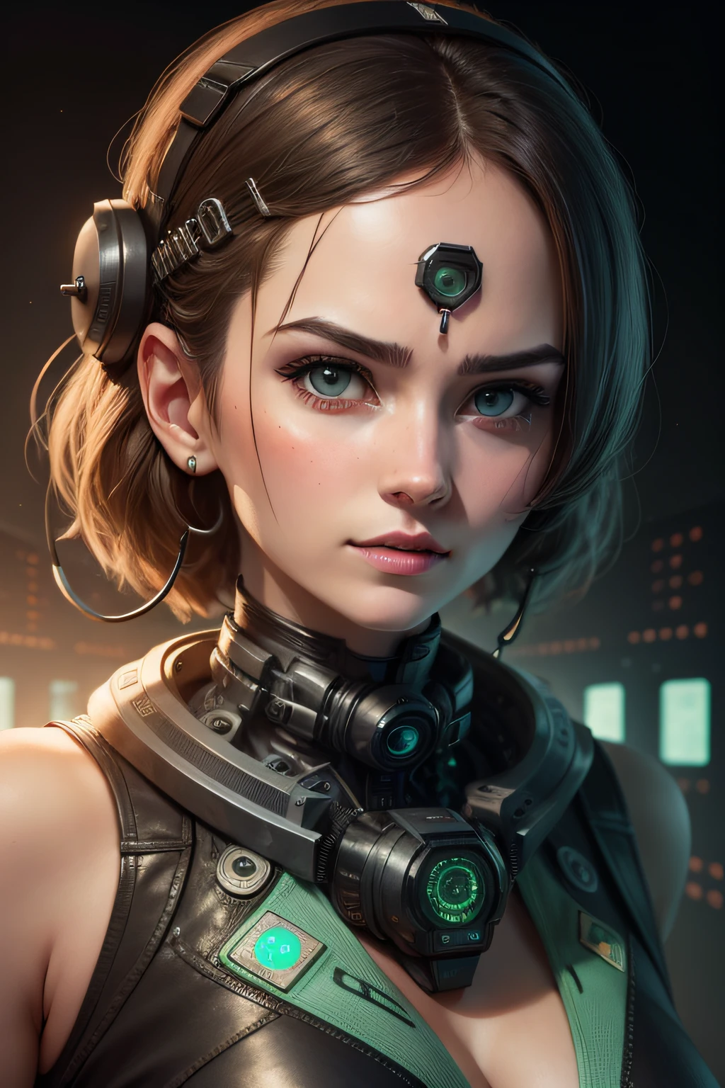 a female face merged with circuit board