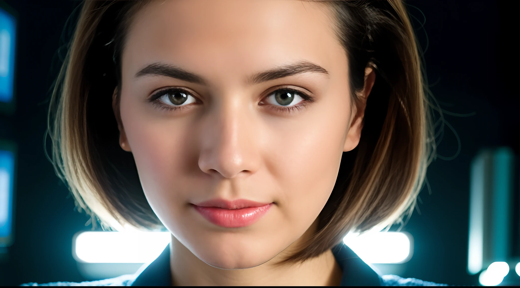 instagram photo, closeup face photo A female scientist in a futuristic research facility, utilizing advanced technology for her work, innovative, forward-thinking, Canon EOS RP with 50mm f/1.8 lens, LED panel lighting, science fiction-inspired photography.