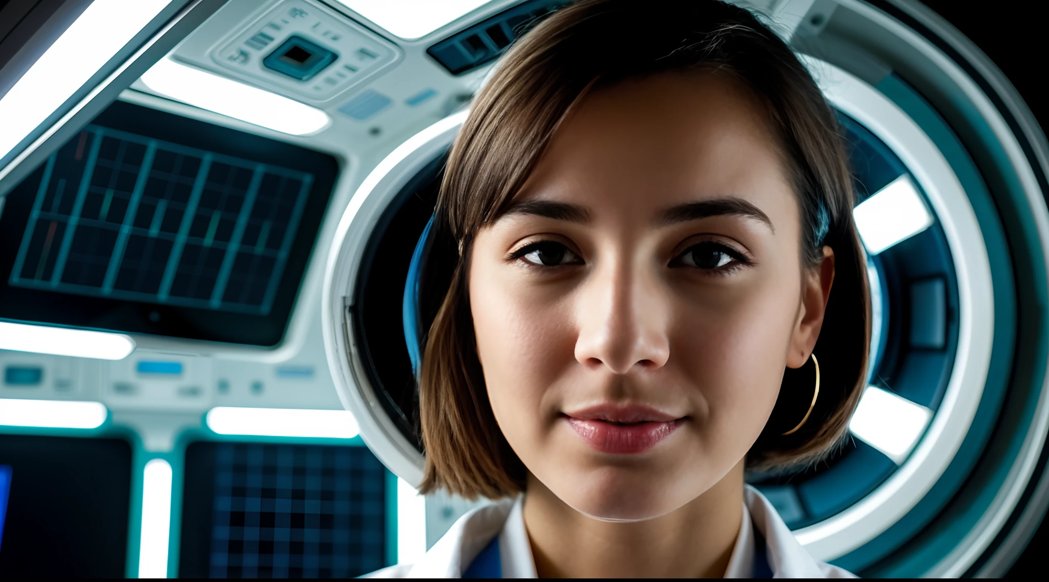 instagram photo, closeup face photo A female scientist in a futuristic research facility, utilizing advanced technology for her work, innovative, forward-thinking, Canon EOS RP with 50mm f/1.8 lens, LED panel lighting, science fiction-inspired photography.
