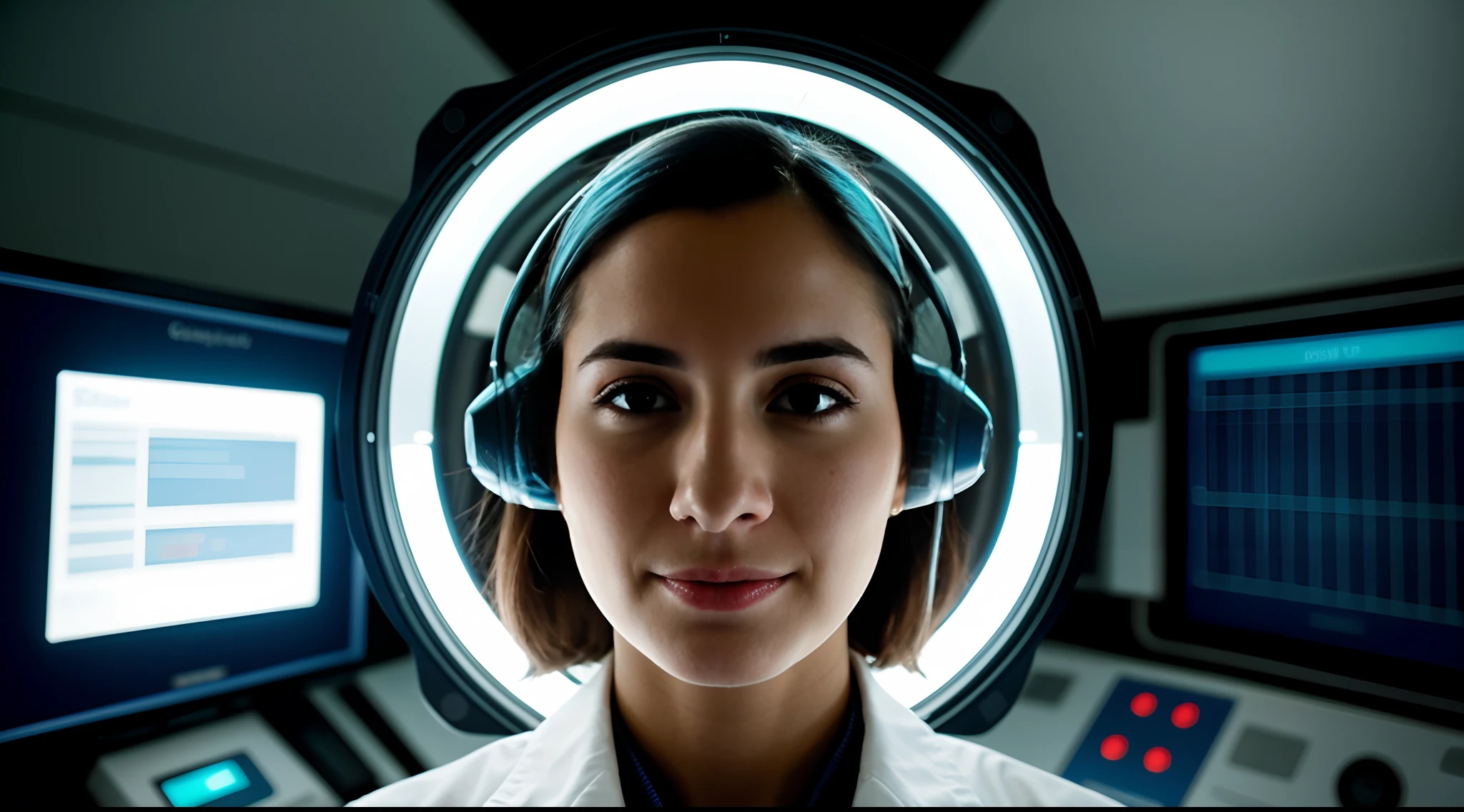 instagram photo, closeup face photo A female scientist in a futuristic research facility, utilizing advanced technology for her work, innovative, forward-thinking, Canon EOS RP with 50mm f/1.8 lens, LED panel lighting, science fiction-inspired photography.