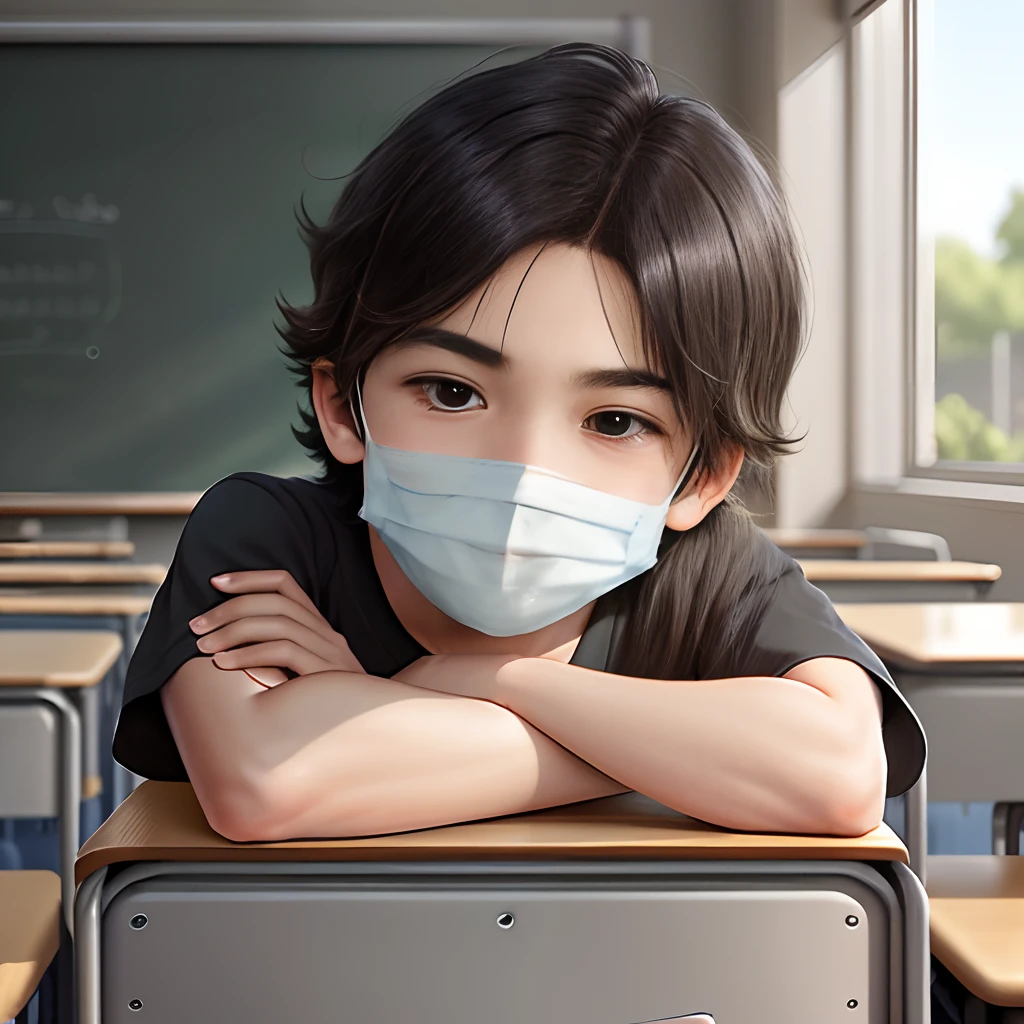 Seated within a classroom, a young boy with a mischievous glint in his eyes watches the scene before him with a sly, yet endearing smile. His medium-length hair, a mix of brown and black hues, frames his face in a way that adds to his boyish charm. Despite his low height that makes him resemble a child, his expression holds a sense of calculated cunning. His cute and innocent face masks his hidden intentions. The classroom environment serves as a backdrop to his subtle mischief. Style: Digital illustration with a focus on capturing the playfulness in his expression and the details of his hair