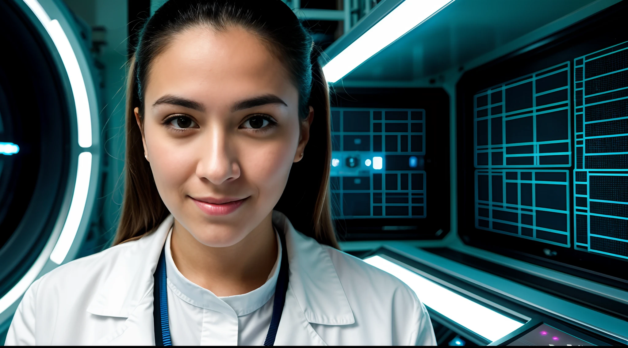 instagram photo, closeup face photo A female scientist in a futuristic research facility, utilizing advanced technology for her work, innovative, forward-thinking, Canon EOS RP with 50mm f/1.8 lens, LED panel lighting, science fiction-inspired photography.