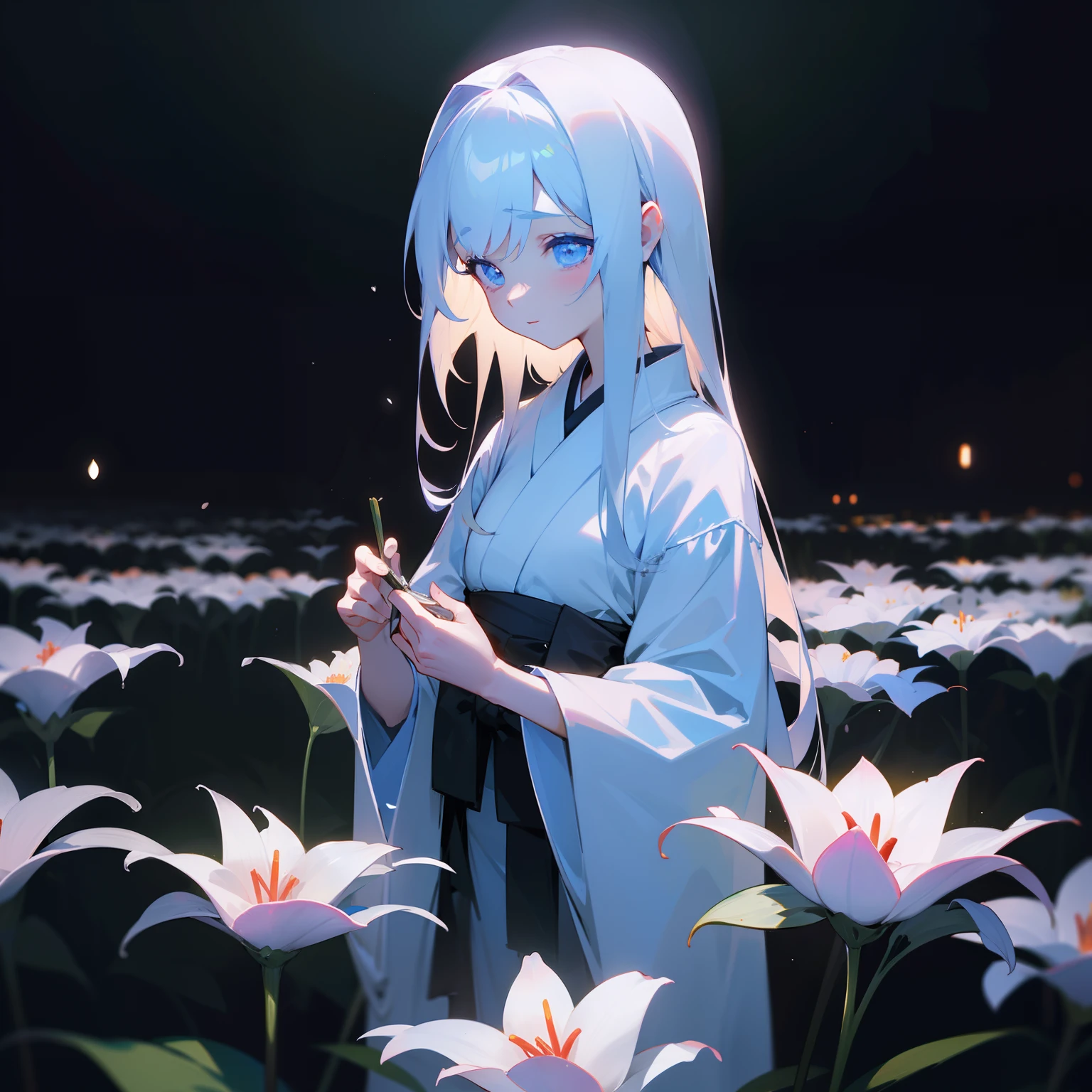 Lily flowers glowed quietly in the dark、That chastity is、Make you feel the darkness around you more deeply、Noble beauty, On the contrary, It was alleviating loneliness and despair。Behind the glamorous beauty、Japanese dress、The Darkness
