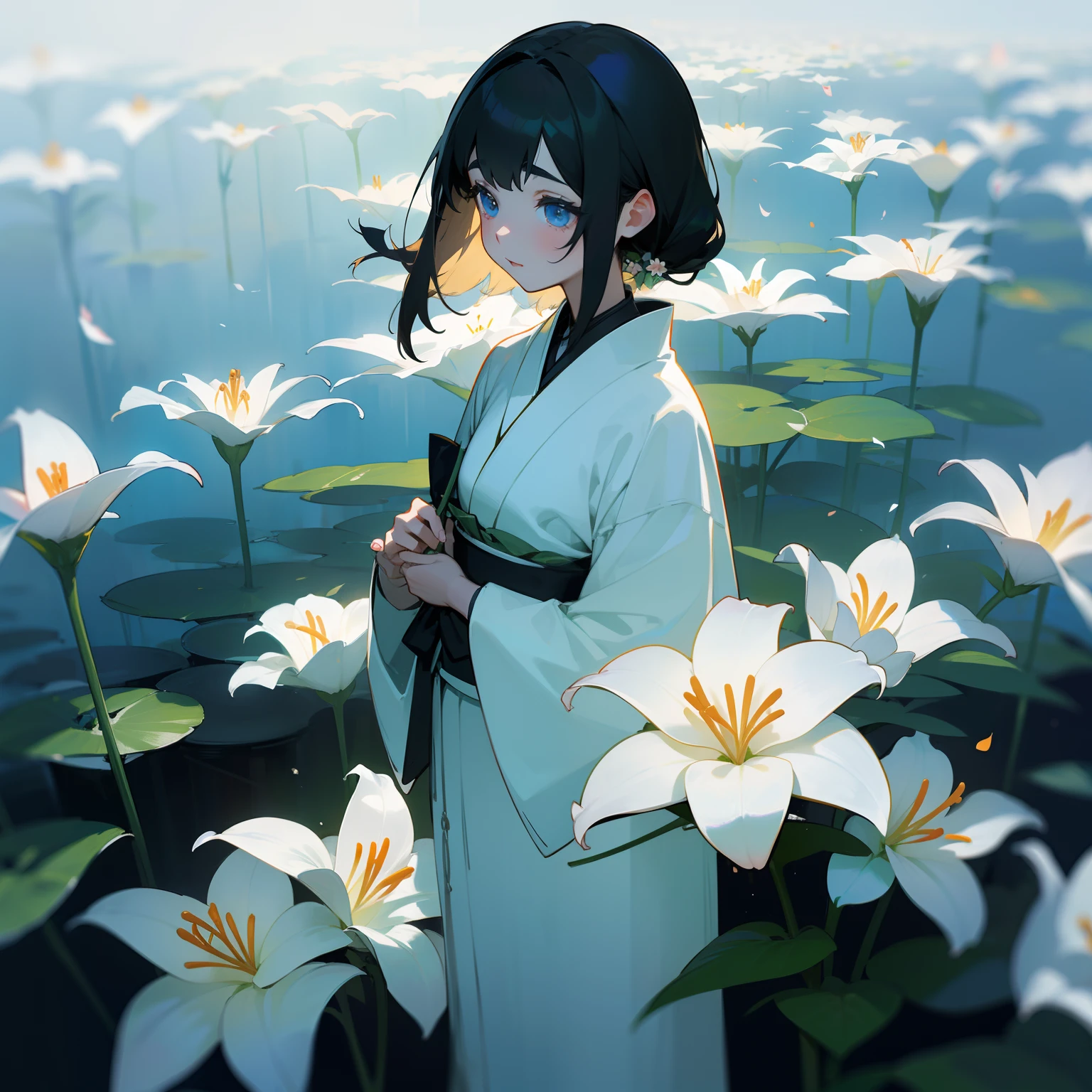 Lily flowers glowed quietly in the dark、That chastity is、Make you feel the darkness around you more deeply、Noble beauty, On the contrary, It was alleviating loneliness and despair。Behind the glamorous beauty、Japanese dress、The Darkness