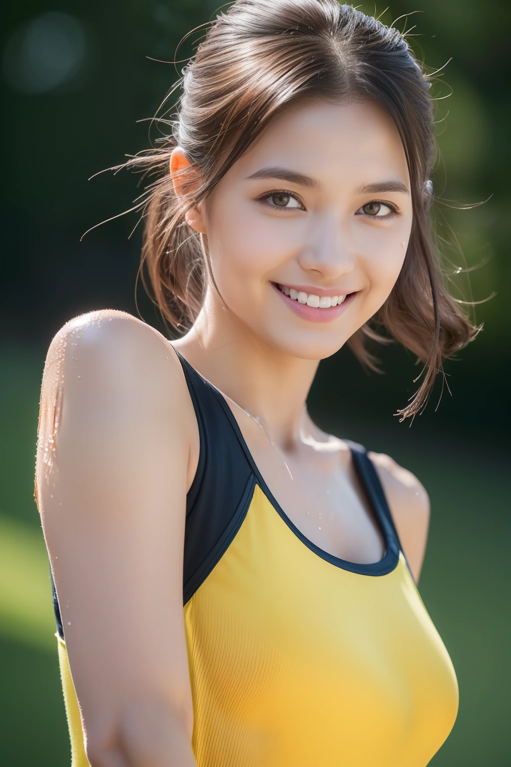 one japanese girl, (a beauty girl, delicate girl:1.3), (16 years old, Gal:1.3), (Yellow sportswear:1.2), Very fine grain definition, (Symmetrical black eyes:1.3), Looking into the camera, Big smile, Showing teeth, (Track Field View:1.2), Very small breasts, Brown short hair, girl, (Eye and facial details:1.5), (masterpiece, highest quality, Super detailed, Detailed face, 8k), Cowboy Shot From Below, Hunchback posture,whole body