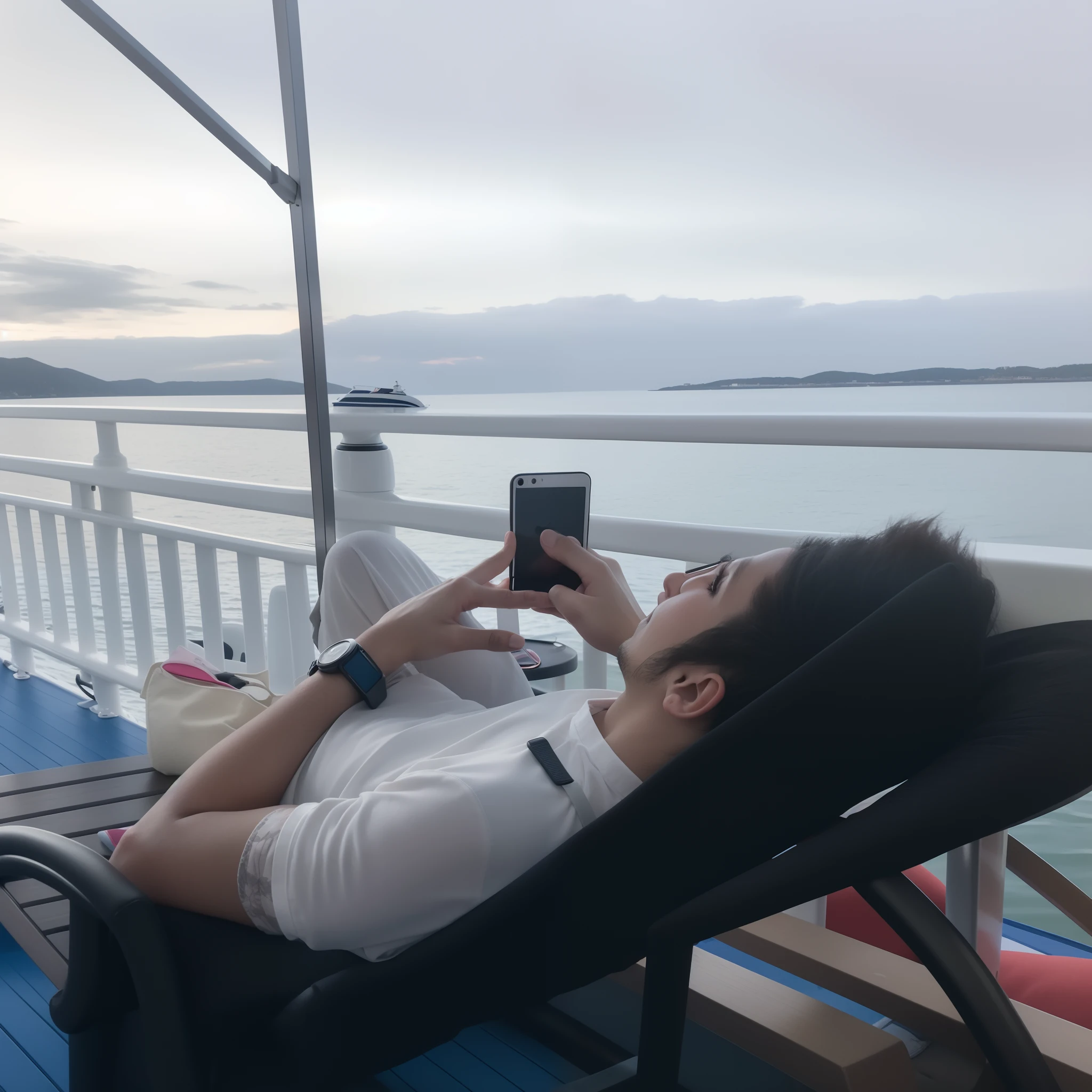 arafed man sitting in a chair on a deck with a cell phone, chill time. good view, looking at his phone, he is very relaxed, relaxing after a hard day, vacation photo, during sunrise, shot with iphone 1 0, taken with sony alpha 9, on a boat, relaxing on a yacht at sea, shot on iphone 1 3 pro max