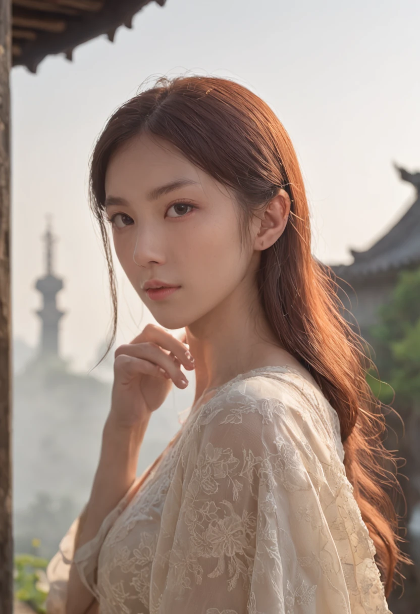 Buildings of the future、Faraway view、the setting sun、ruins、the fire、evening glow、karo、fumo、hightquality、suns、stele、a moon、early evening、fumo、Plume、建筑、mirai、near future、SF、8k、high-level image quality、foggy、mirai、near future、云、Ephemeral、Contre-Jour、suns、A wide landscape、There are no people