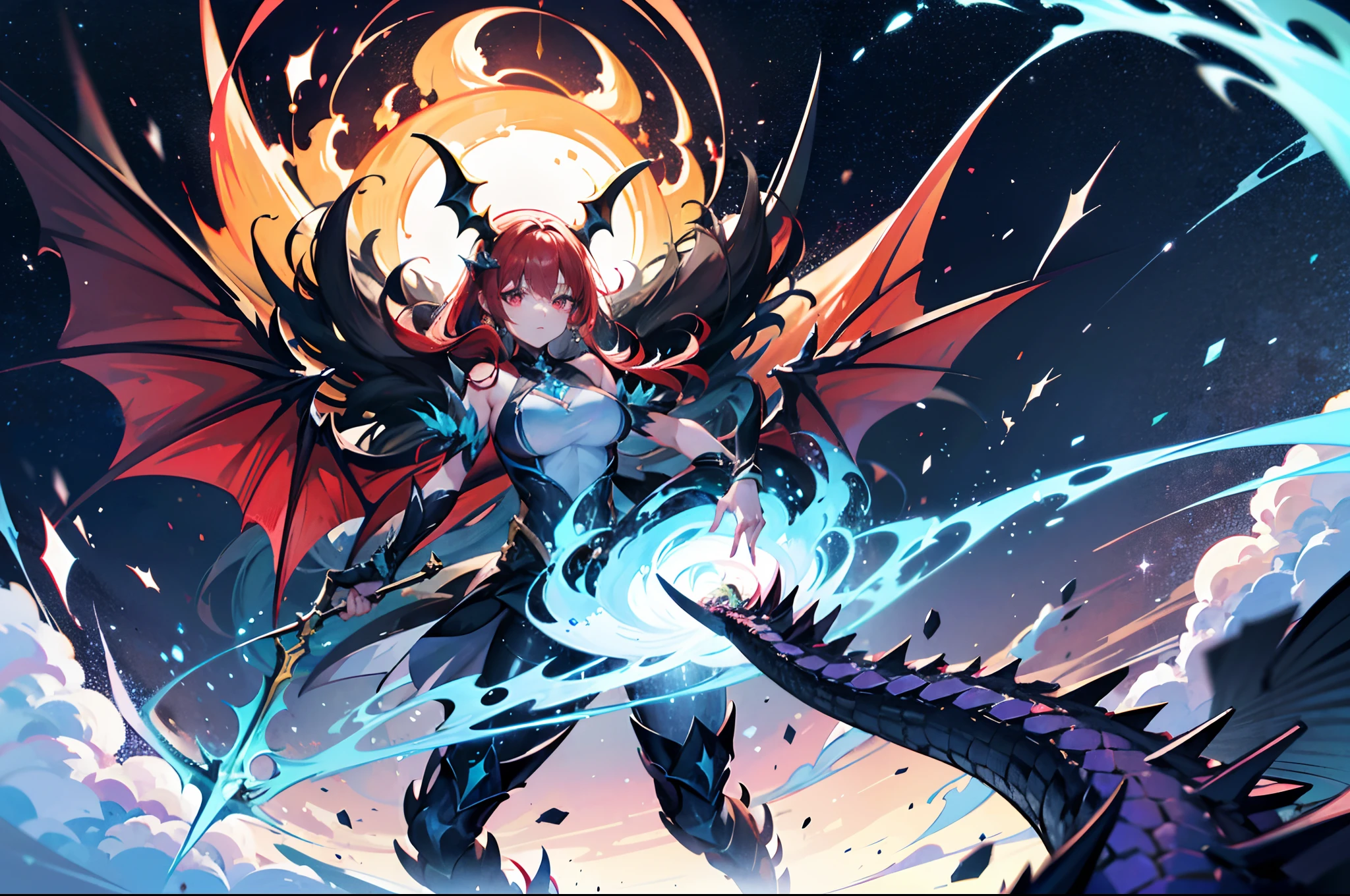 In a distant realm where ancient powers dwelled, a young girl named Lyra possessed a rare gift – space magic. The ability to manipulate the fabric of the universe itself, bending time and space to her will. With her fiery red hair and determined eyes, she stood tall and fearless, ventured into an unexplored part of her realm, she stumbled upon a colossal dragon. Its scales glistened in shades of emerald and gold, and its eyes burned with an ancient wisdom. The dragon, known as Draconis, was a formidable opponent, with powers that could shatter mountains and unleash chaos upon the land.
Unperturbed by the dragon's immense size, Lyra tapped into her space magic. She created a swirling vortex of stardust around herself, granting her enhanced speed and agility. As the dragon launched itself towards her, spewing flames, she gracefully dodged each attack, her movements fluid and precise.
Lyra's eyes blazed with determination as she conjured a miniature black hole, pulling the dragon towards her with gravitational force. The dragon roared, its massive wings flapping fiercely to resist the pull.
With a flick of her wrist, she created a pocket dimension, a realm within a realm. Inside this space, time stood still, providing Lyra a momentary respite to gather her energy. The dragon, confused and vulnerable, tried to break free from the dimension's grasp,
As Lyra emerged from the pocket dimension, she unleashed her most potent spell yet. She summoned the power of a thousand stars, manifesting an ethereal spear made of pure cosmic energy. With a resounding cry, she hurled the spear towards the dragon, piercing its impenetrable scales.
The dragon writhed in agony, its once mighty form weakened by Lyra's relentless assault. Sensing its impending defeat, the dragon summoned one last burst of fire, she conjured a gravitational singularity, a miniature black hole that grew in strength and ferocity. With a surge of space energy, she directed it towards the weakened dragon,